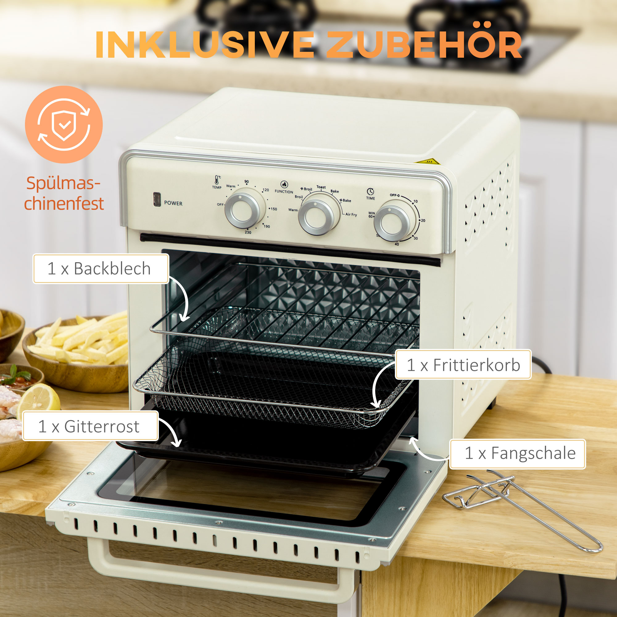 5-in1 Mini Ofen, 20 L Fassungsvermögen, 1400W, 1 Backrost, 1 Backblech, 60 Min. Timer