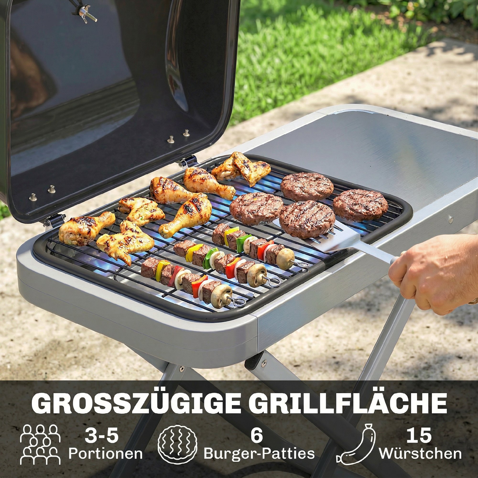 tragbarer Gasgrill 1-Brenner 2,5kW Grillwagen mit Faltbarem Rollwagen Grillrost Seitentisch Deckel Thermometer