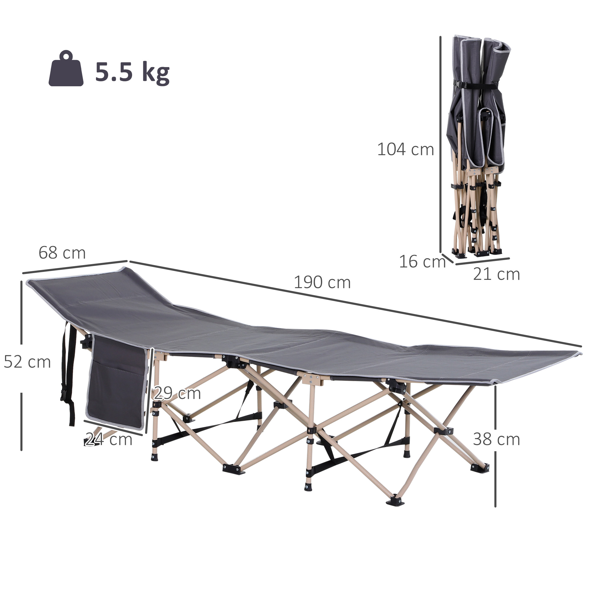 Feldbett, Campingbett, klappbar, wetterbeständig, ink. Tragetasche, 190 x 68 x 52 cm, Grau