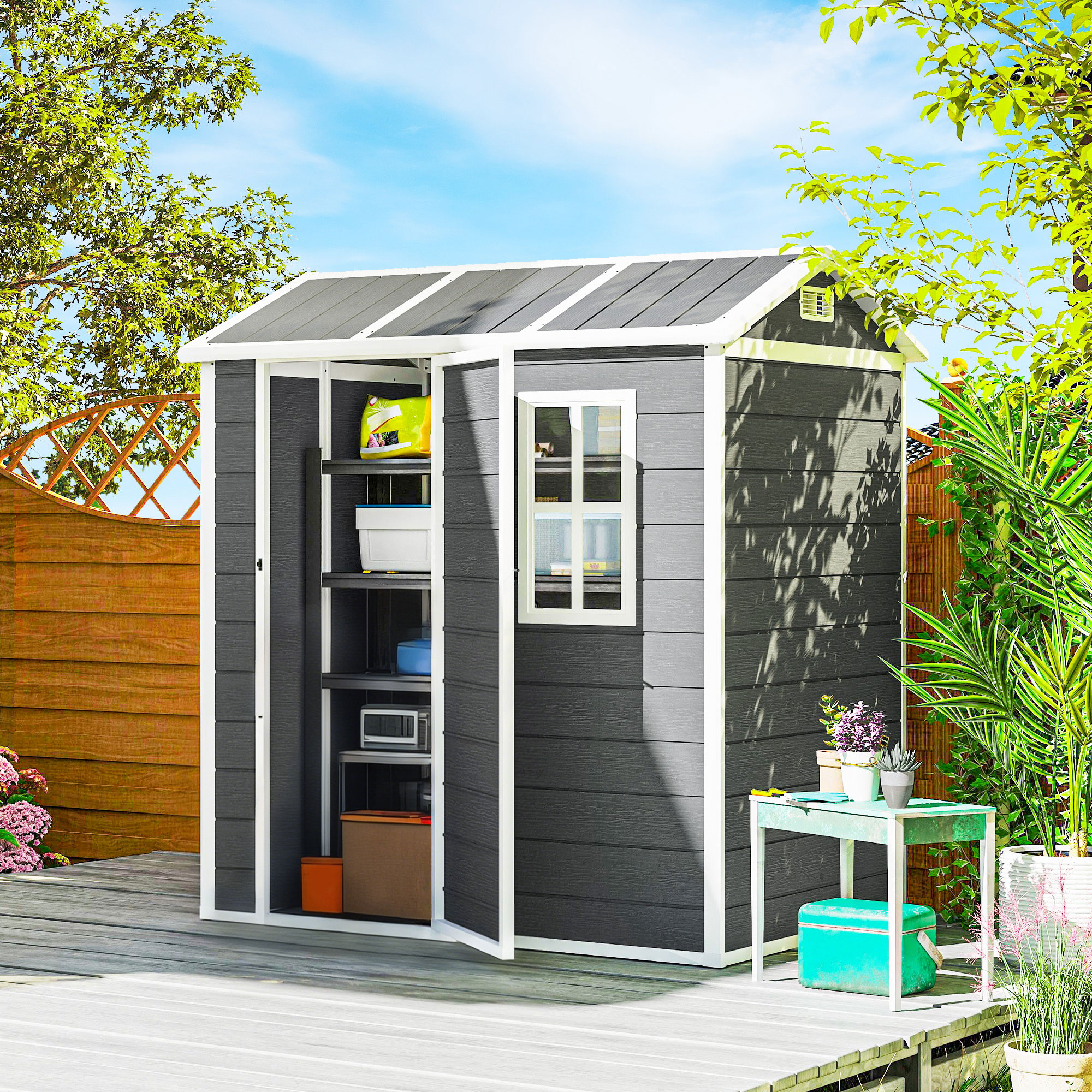 Gartenhaus, Gartenschuppen mit Boden, Fenster, verschließbarer Tür, Kunststoff-Harz, wetterfest, Grau