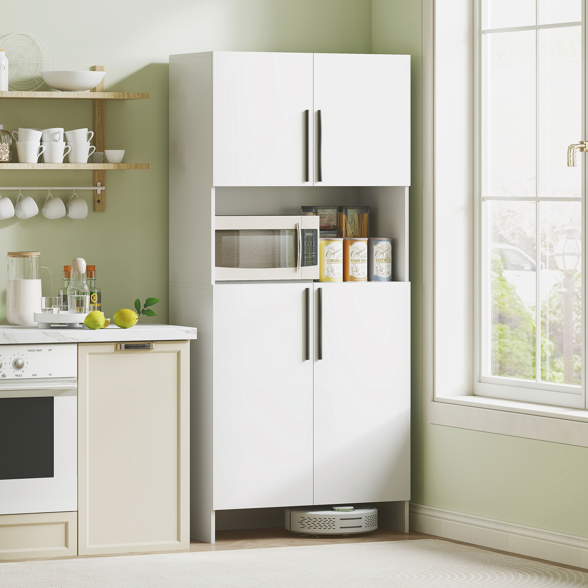 Küchenschrank, Vorratsschrank für Küche, Wohnzimmer, Esszimmer, Schränke, Regale, Mikrowellenablage, Spanplatte, Weiß