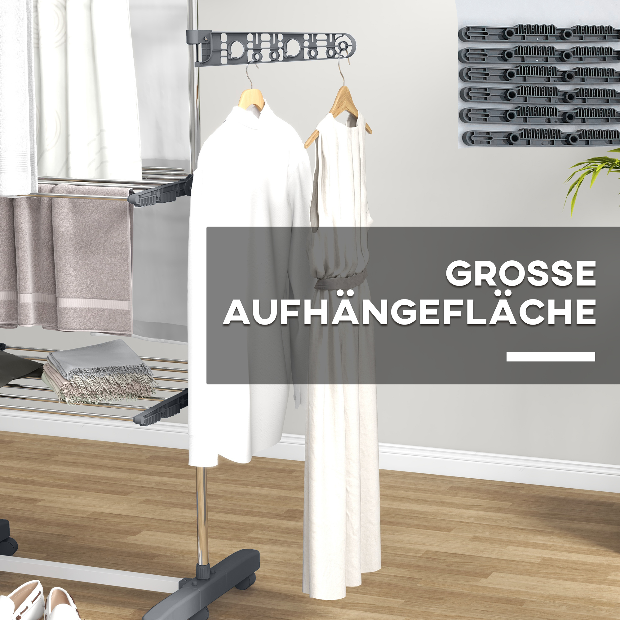 Wäschenständer Wäschetrockner, 4 Ebenen, klappbar, One-Klick-System, 142 cm x 55 cm x 152 cm Blau + Silber