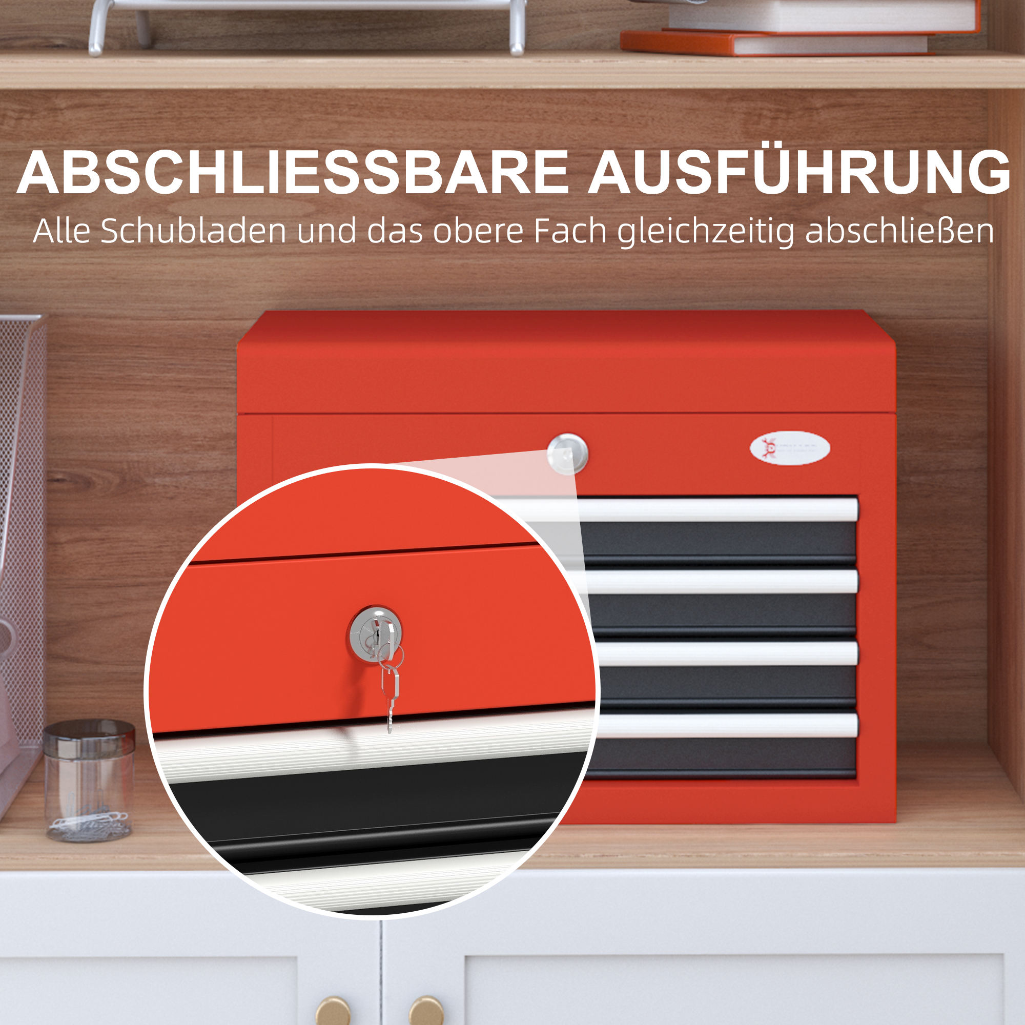 Werkzeugkasten Werkzeugtrolley, inkl, Schloss, 2 Schlüssel, 45 cm x 24,5 cm x 32,5 cm, Rot