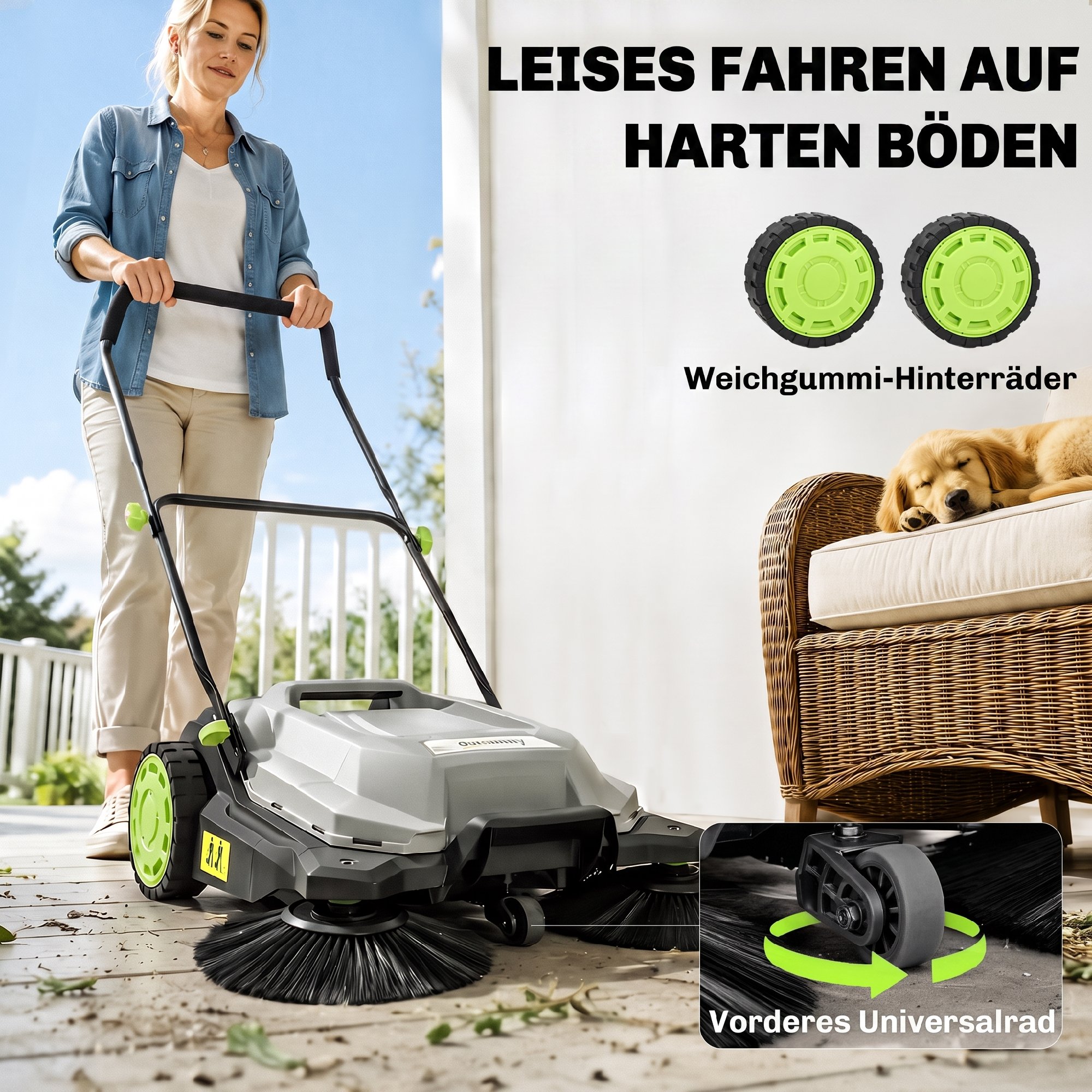 Kehrmaschine manuell mit 68 cm Kehrbreite, 24 L Schmutzbehälter, Höhenverstellbar klappbar Griff 3-Bürsten-Kehrsystem