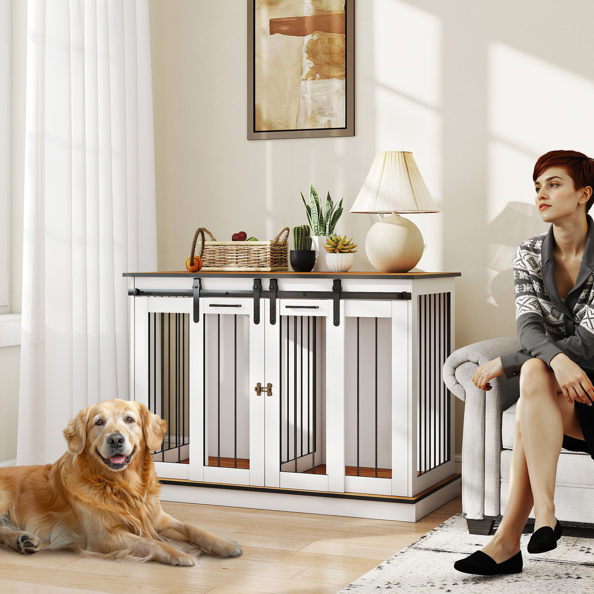 Hundekäfig mit 2 Türen, Hundebox, Transportbox für Hunde, rustikales Design, verriegelbar, Weiß