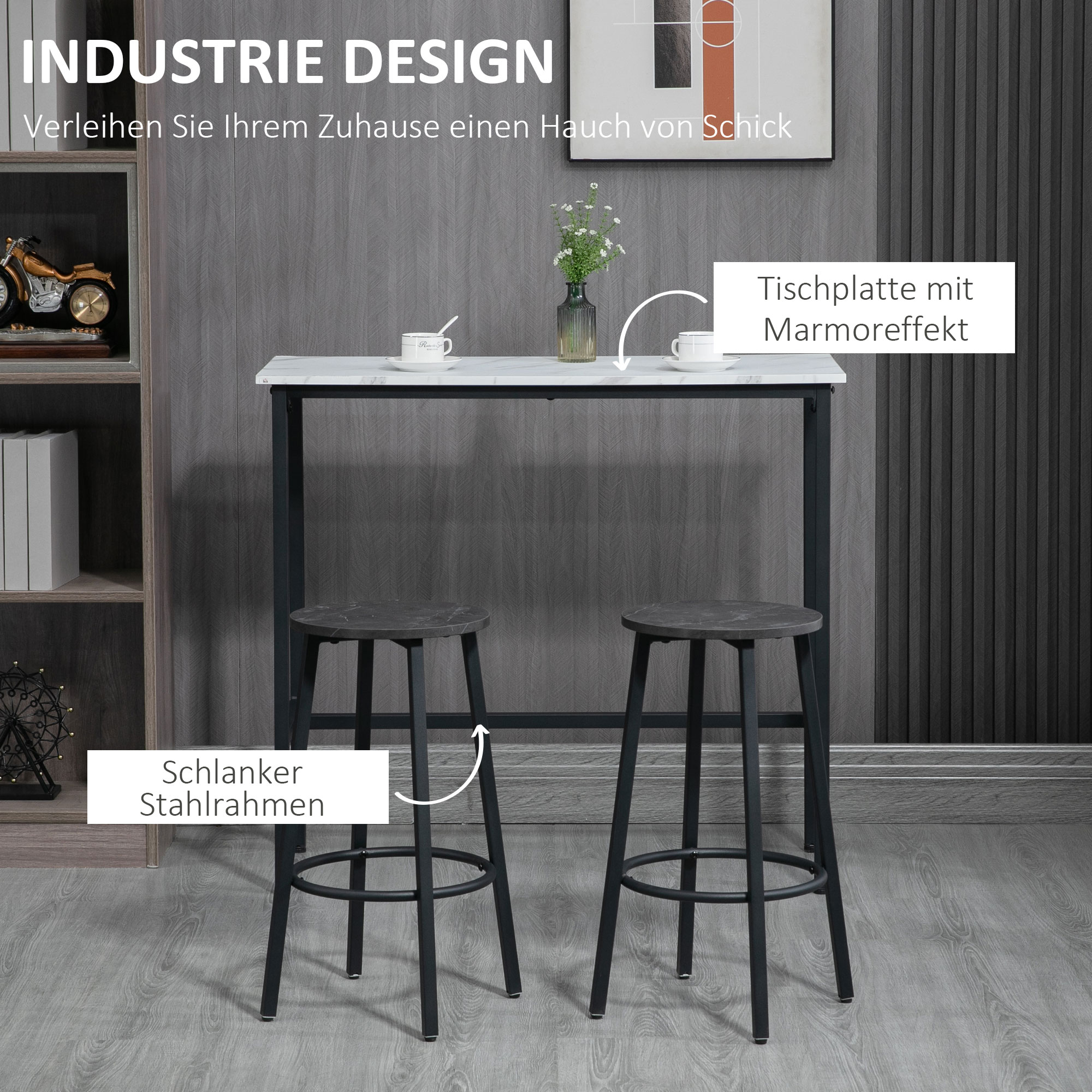 Bar-Set für 2 Personen, 1 Tisch mit 2 Barhockern, Tischplatte in weißer Marmoroptik, Stahlrahmen