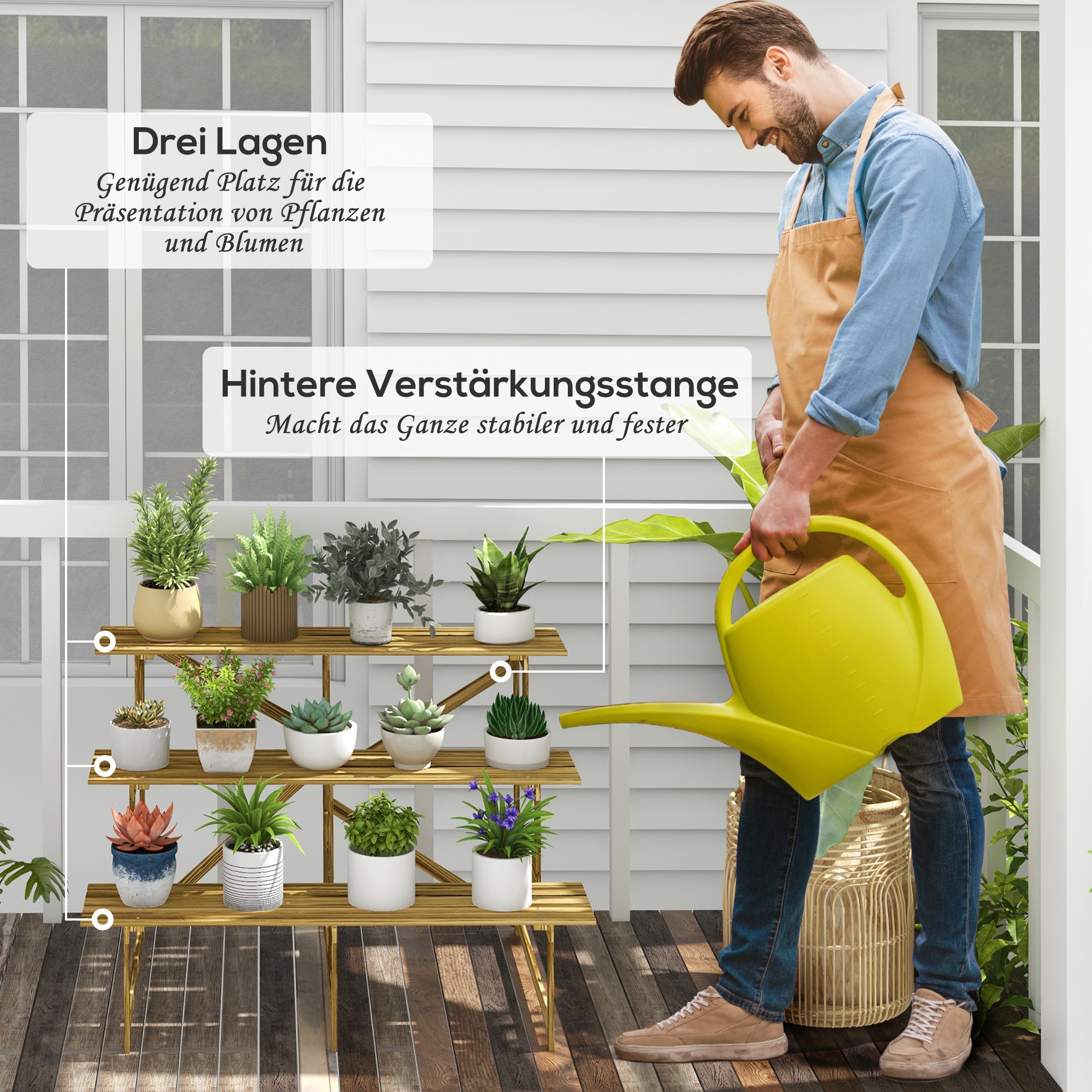 Pflanzentreppe, Blumentreppe, Blumenregal, Pflanzregal, Blumenständer, 3 Stufen, Tannenholz, 120 x 80 x 78cm