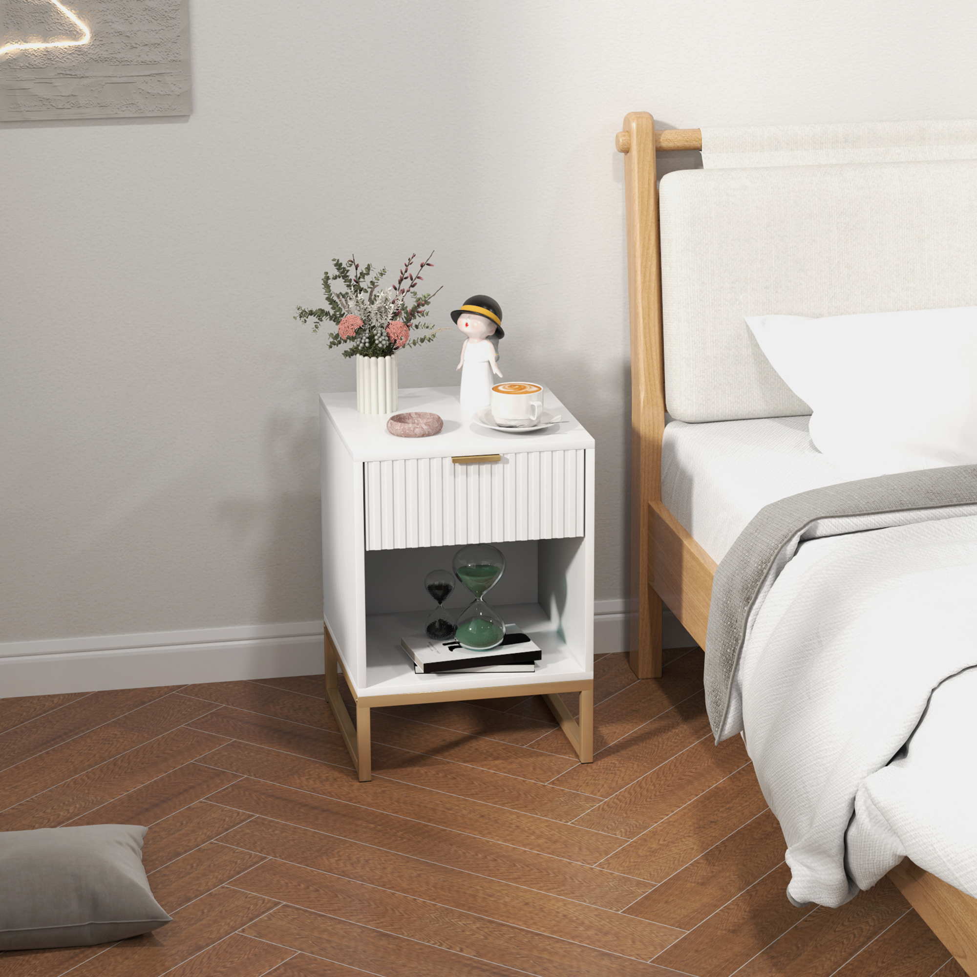 Nachttisch mit Schublade und Regal, Stauraum und Metallbeinen, für Schlafzimmer, Wohnzimmer, Weiß