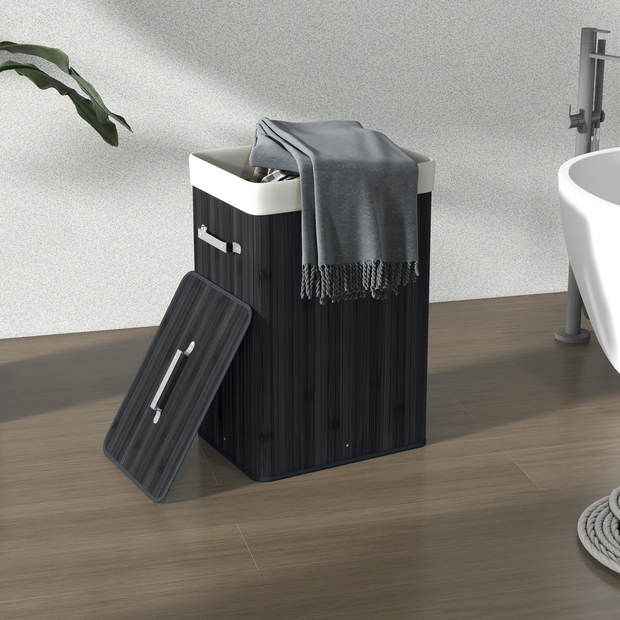 Wäschekorb, Wäschebox, Wäschesammler mit Deckel, Segeltuchsack, Bambus, faltbar, 72L, Schwarz 40 x 30 x 60 cm