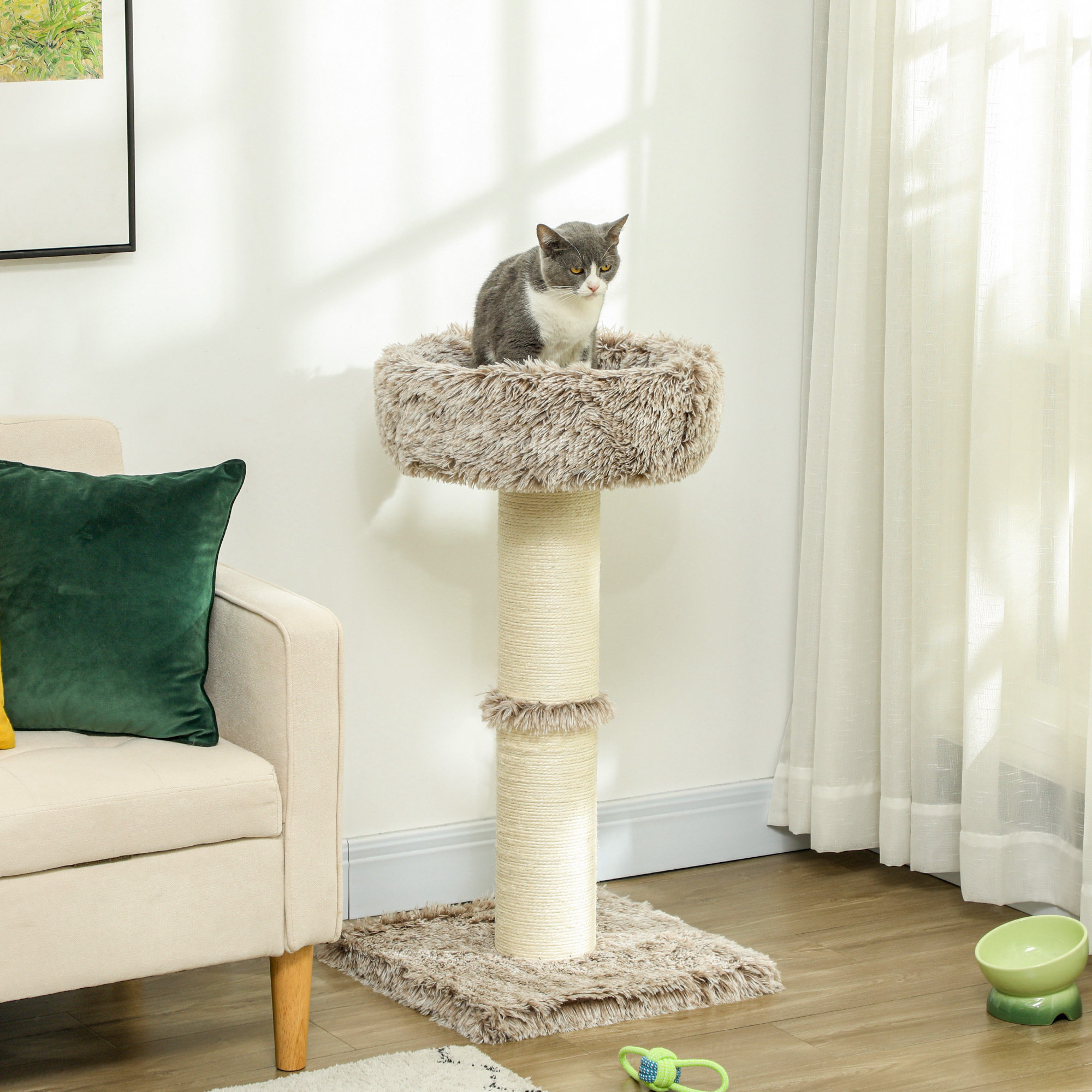 Katzenbaum, 87 cm, Katzenturm mit dickem Kratzpfosten, Plüschbett, für den Innenbereich, trägt bis zu 6 kg, Braun
