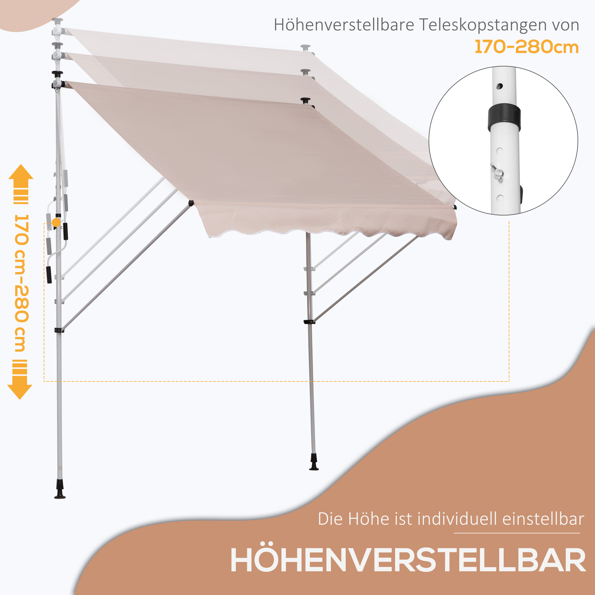 Klemmmarkise mit Handkurbel höhenverstellbar Gelenkarmmarkise schmutzabweisend, witterungsbeständig Balkonmarkise 150cm breit Terrassenmarkise für Terrasse Balkon Veranda Cremeweiß