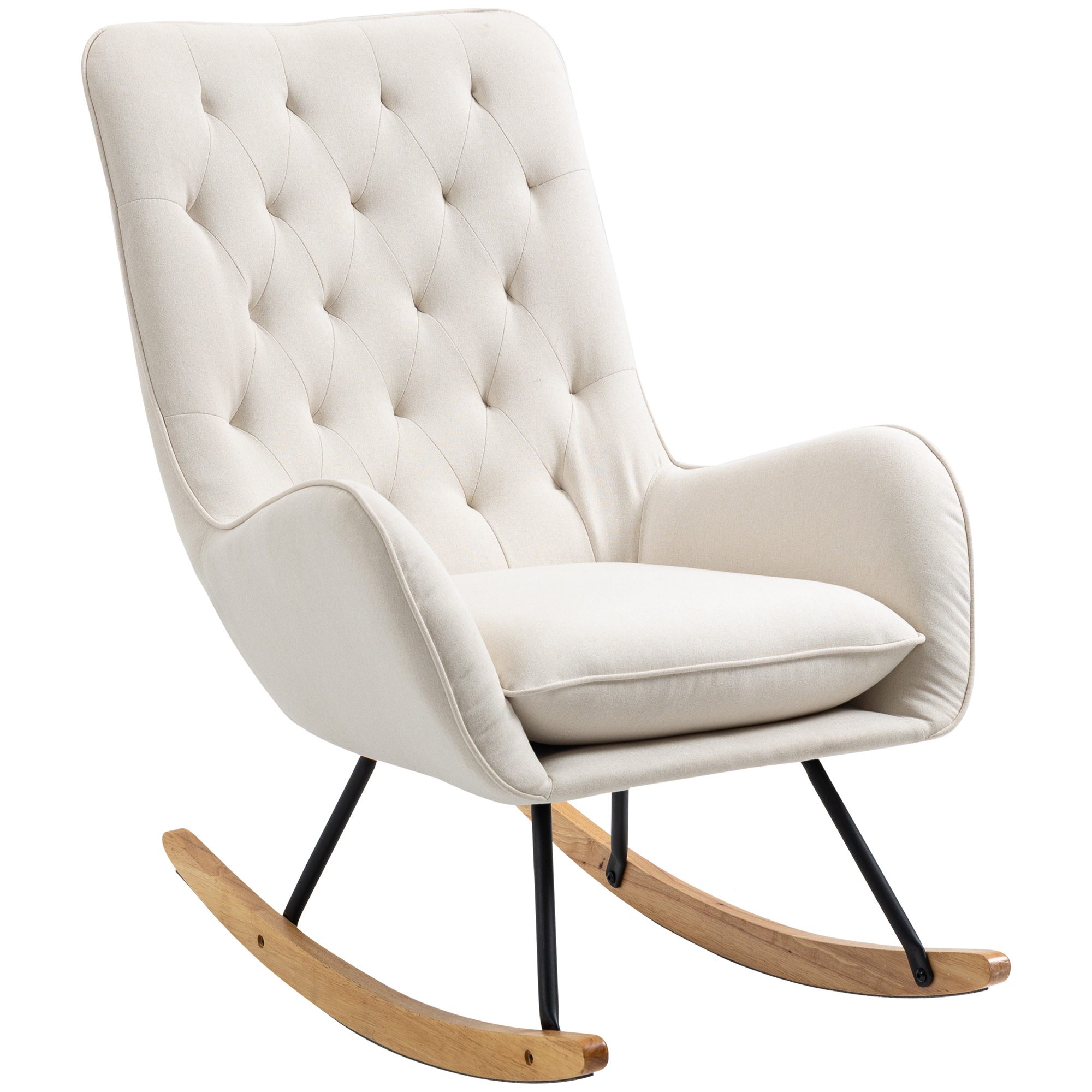 Schaukelstuhl im Skandi-Design Relaxsessel, Knopfheftung, 69 cm x 90 cm x 100 cm, Creme + Natur + Schwarz Schaukelstuhl im Skandi-Design Relaxsessel, Knopfheftung, 69 cm x 90 cm x 100 cm, Creme + Natur + Schwarz