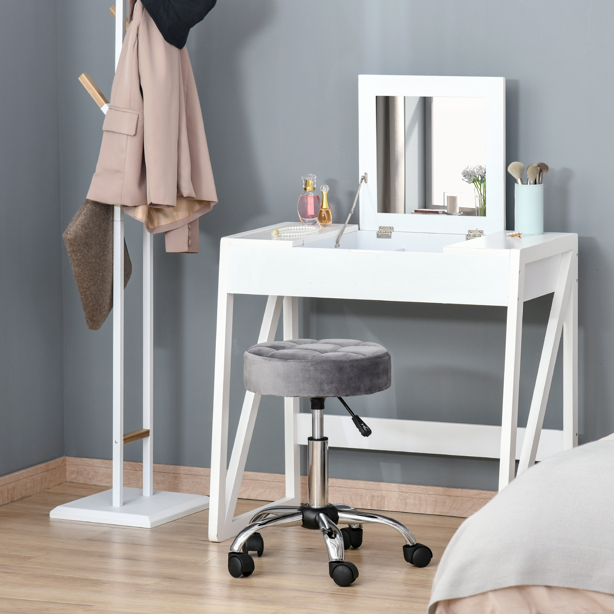 Salonstuhl mit Rädern Rollhocker höhenverstellbar drehbar Salon Hocker Samt-Touch Schaumstoff Chrom-Basis Hellgrau 35 x 35 x 49-61 cm
