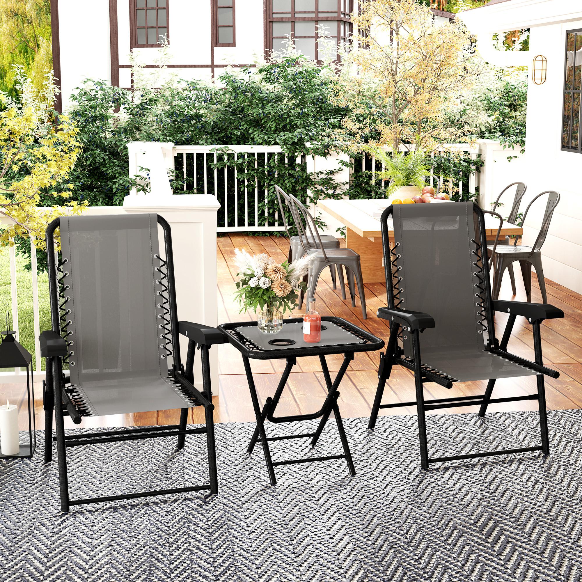 Bistro Set 3-teilig aus Stahl Wetterfest Gartenmöbel Set mit klappbar Bistrotisch Becherhalter Gartenstühlen Dunkelgrau