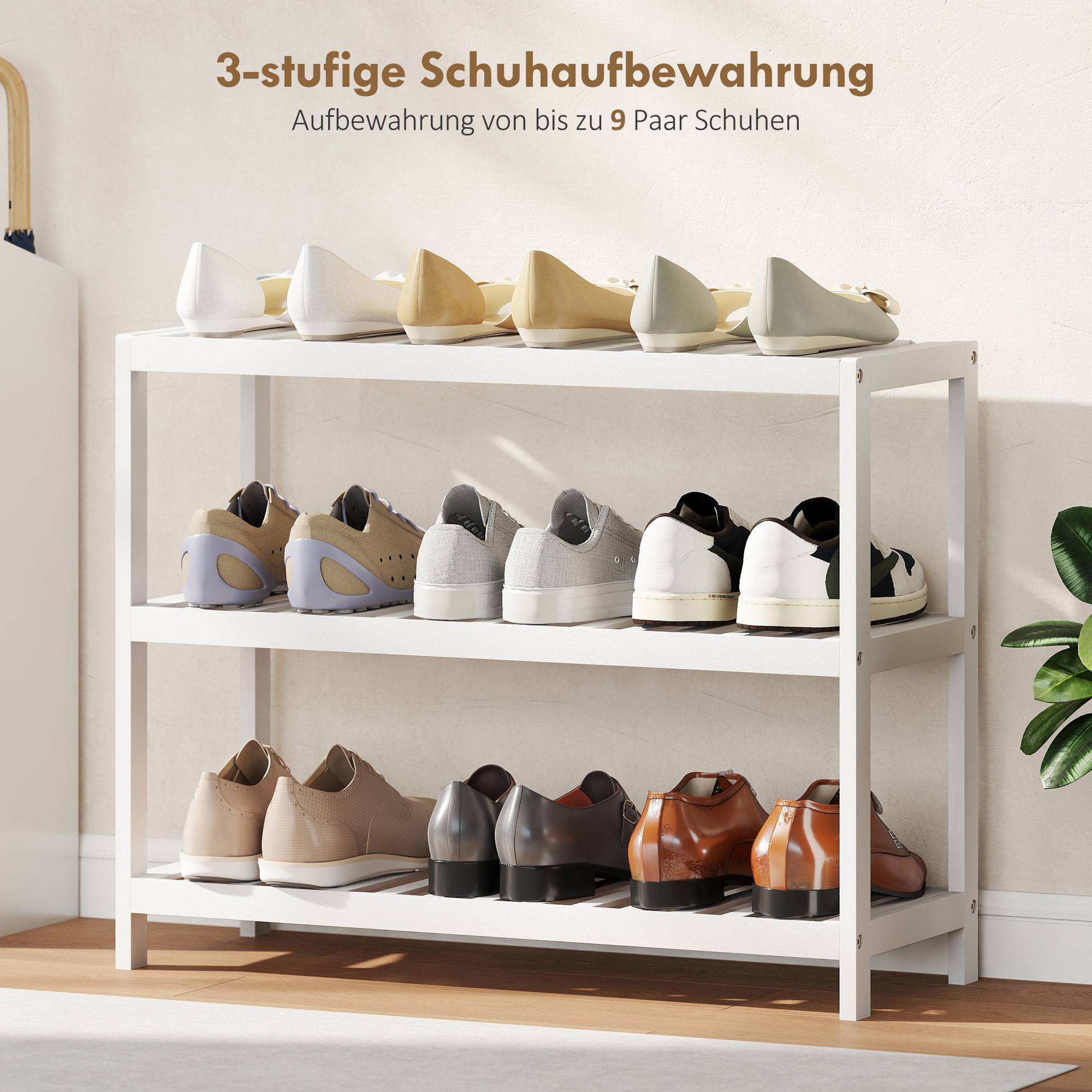 3-stufiges Bambusregal, Schuhregal, Aufbewahrungsregal, lackierte Oberfläche, Weiß