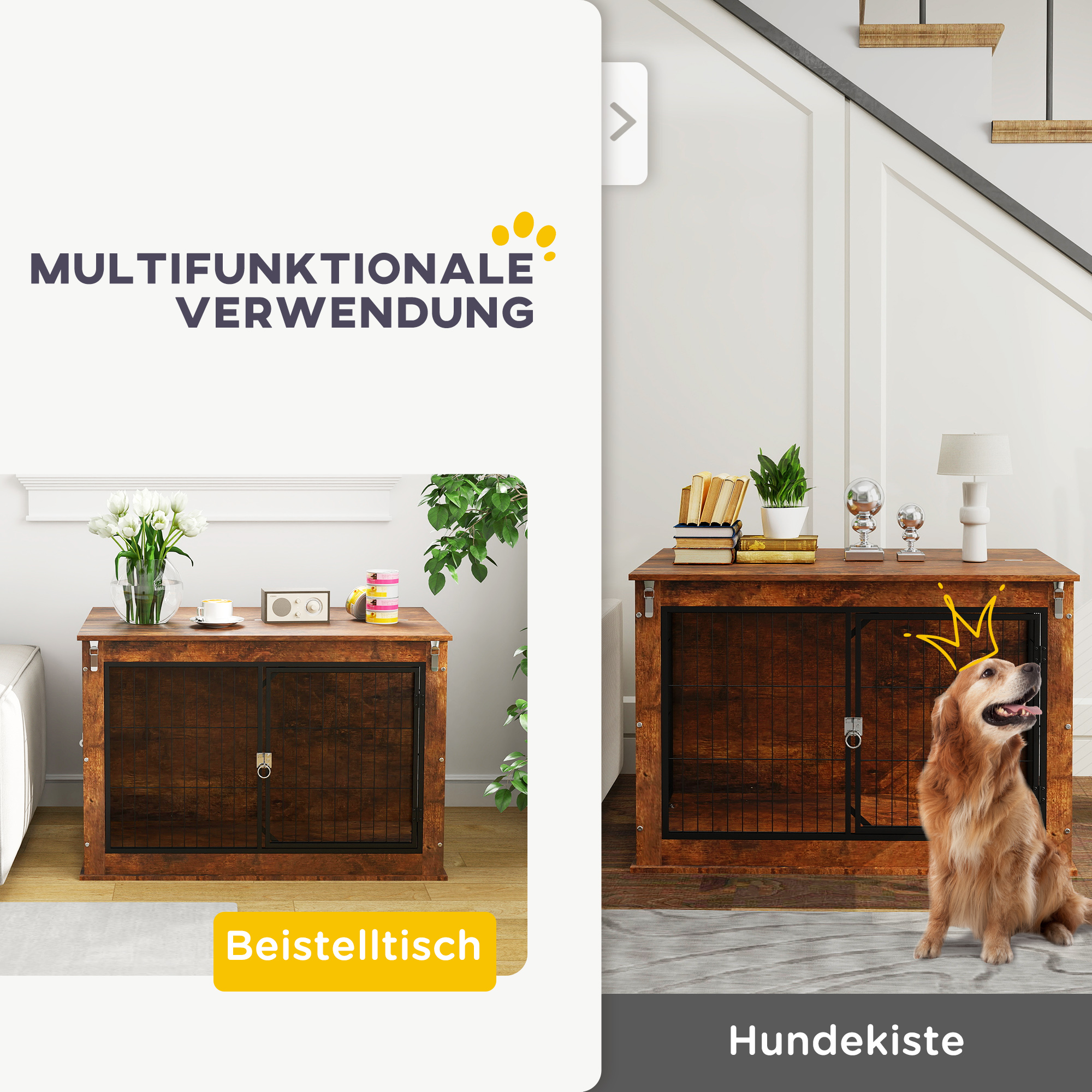 Hundebox, Transportbox für Hunde, Aufenthaltsbox, für Haustiere, 2 verschließbare Türen, 98 x 60 x 65,5 cm, Braun