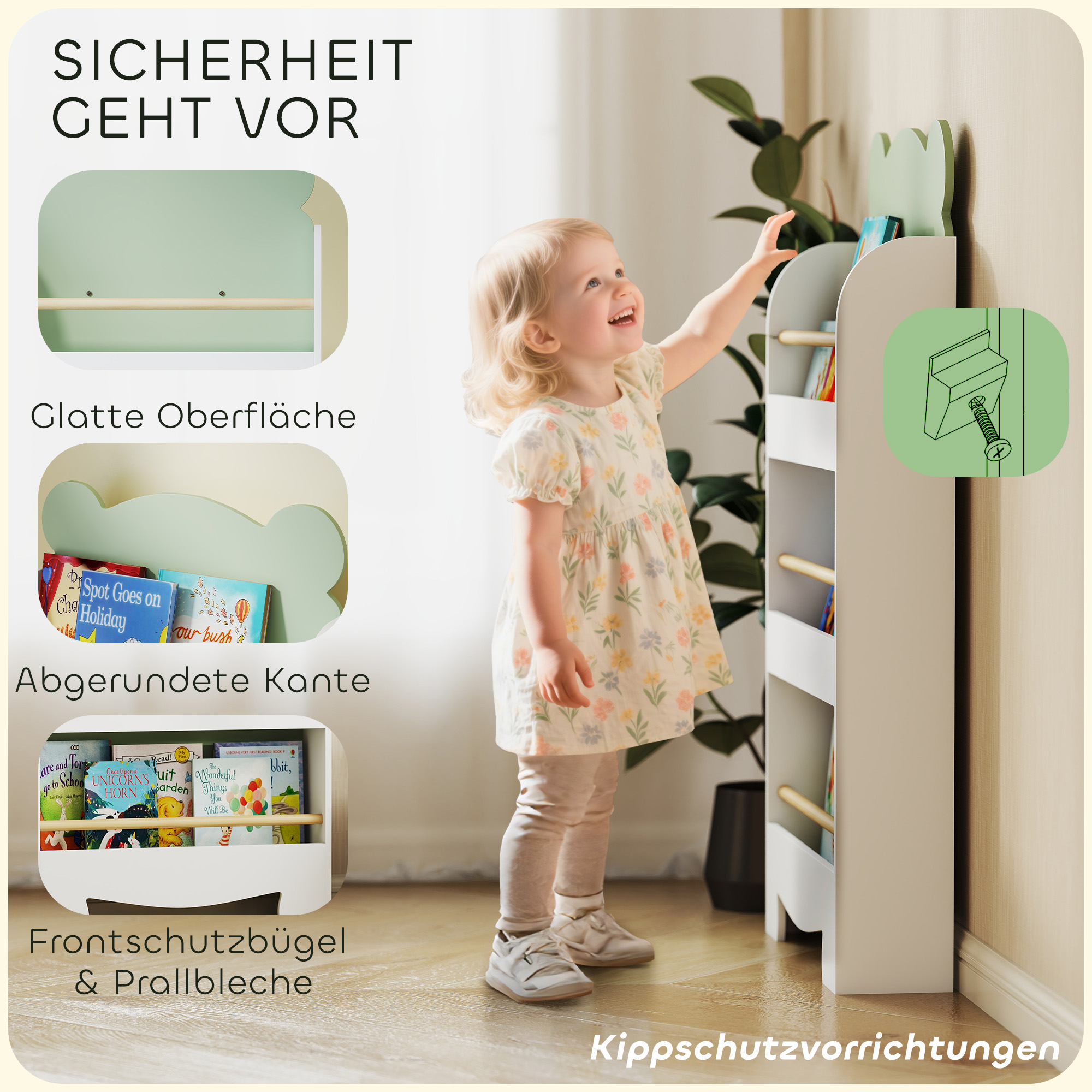 Bücherregal Kinder, 3-stufiges Kinderregal mit Bärenthema für Bücher Spielzeug Kinderzimmer, 55 x 15 x 110 cm, Grün