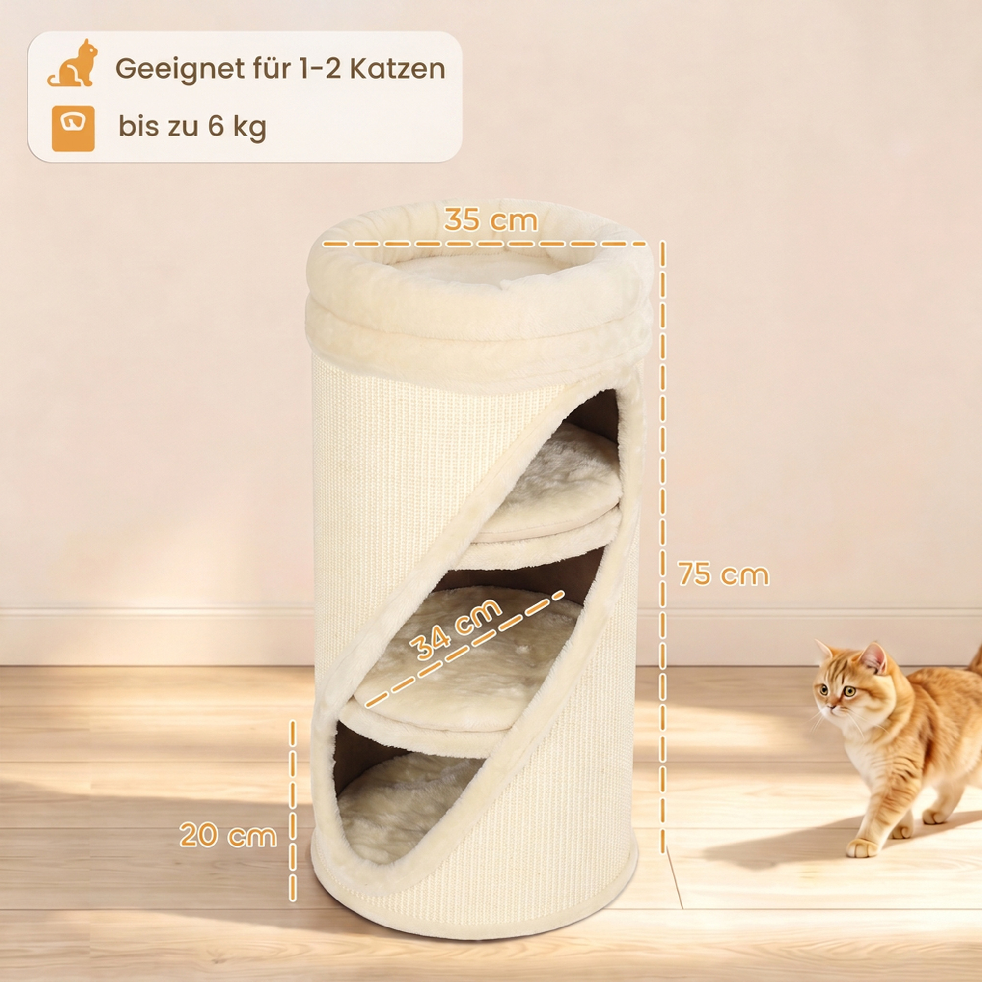 Kratztonne 75 cm Hoch Ø 35 cm 4-Stufige Katzentonne mit 3 Höhlen, abnehmbarem waschbarem Plüschbett Sisal-Kratzfläche
