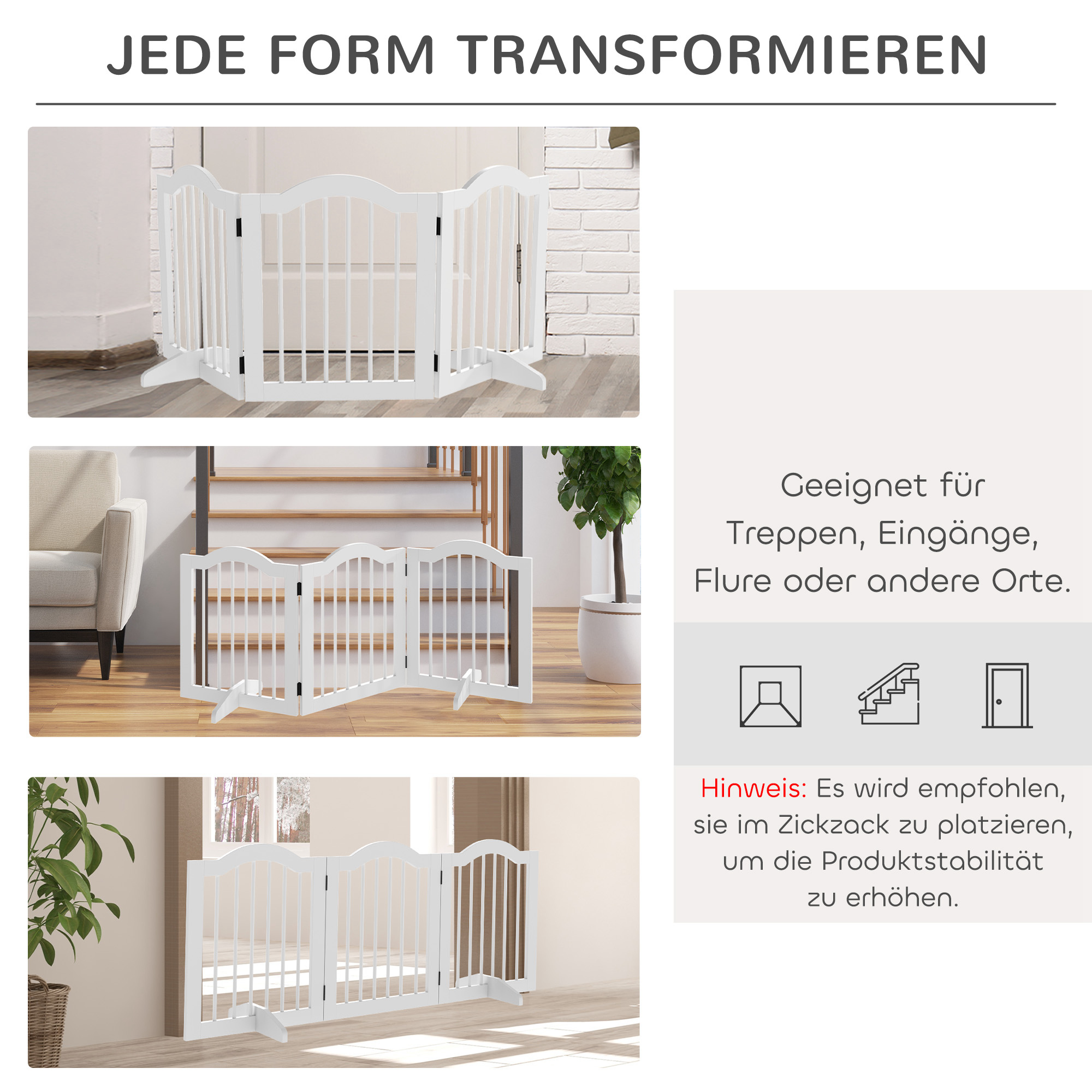 Absperrgitter Hund 3-teilig, 154,5 x 61 cm Faltbar Hundegitter mit Tür, Türschutzgitter mit 2 Stützfüßen, Freistehend Treppengitter für Küche, Flur, Weiß