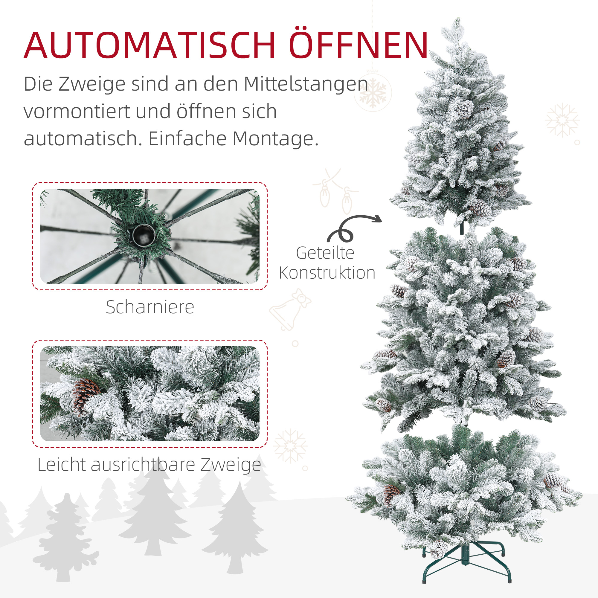 Künstlicher Weihnachtsbaum, Kunstschnee & Tannenzapfen, realistisch, flammhemmend, Metallfuß, 183 cm, Grün