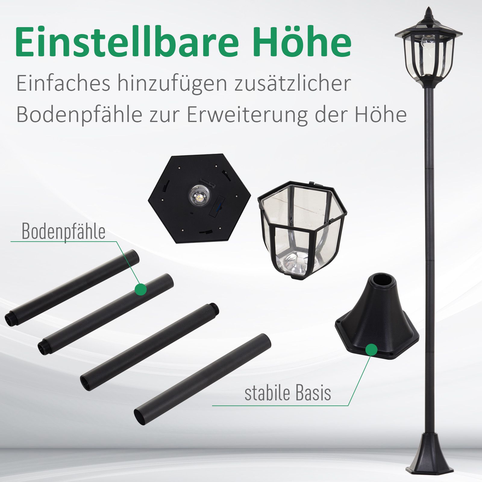 Solar LED Gartenlaterne, Laterne aus Kunststoff, Außenleuchte für Innen und Außen 177 cm hoch, Gartenleuchte, 30/60 Lumen, für Garten Balkon Deko Schwarz
