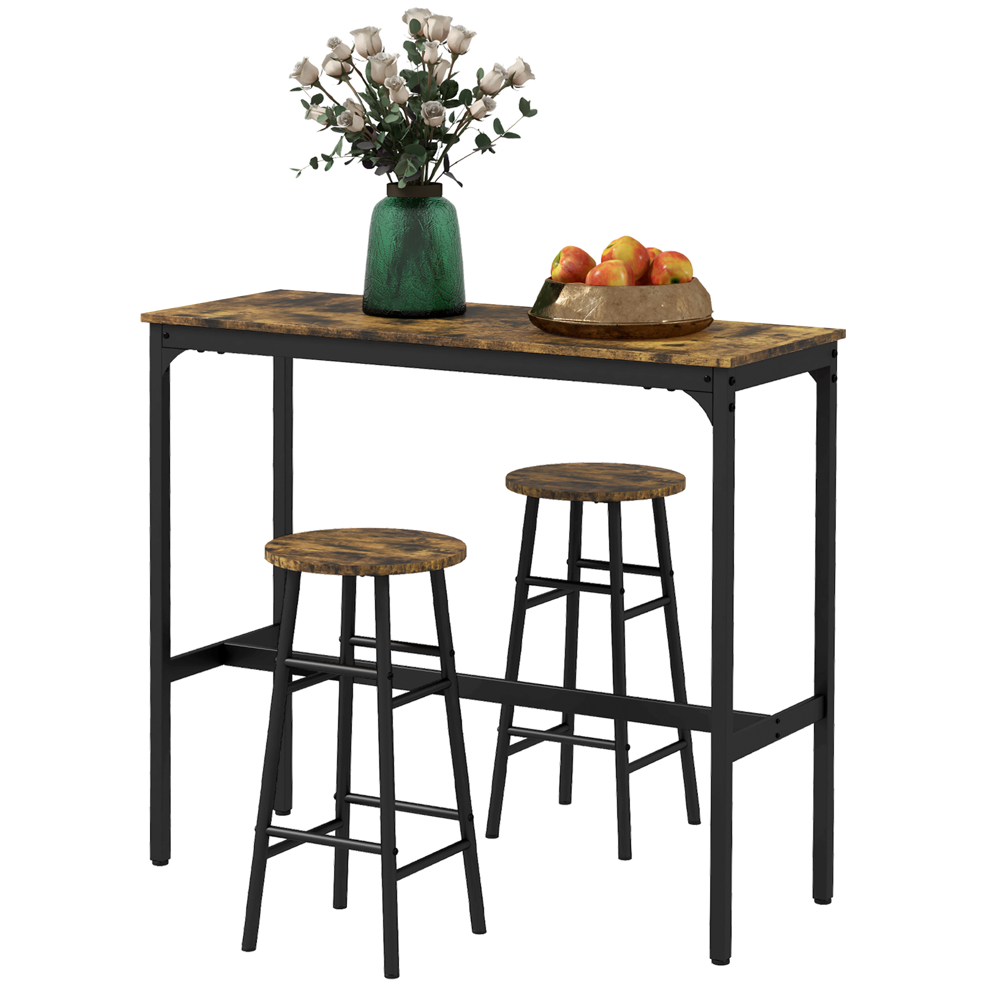 Bartisch mit 2 Stühlen im Industriedesign 2er-Set Barhocker mit Tisch, Industriedesign, 3-teilig, Braun + Schwarz