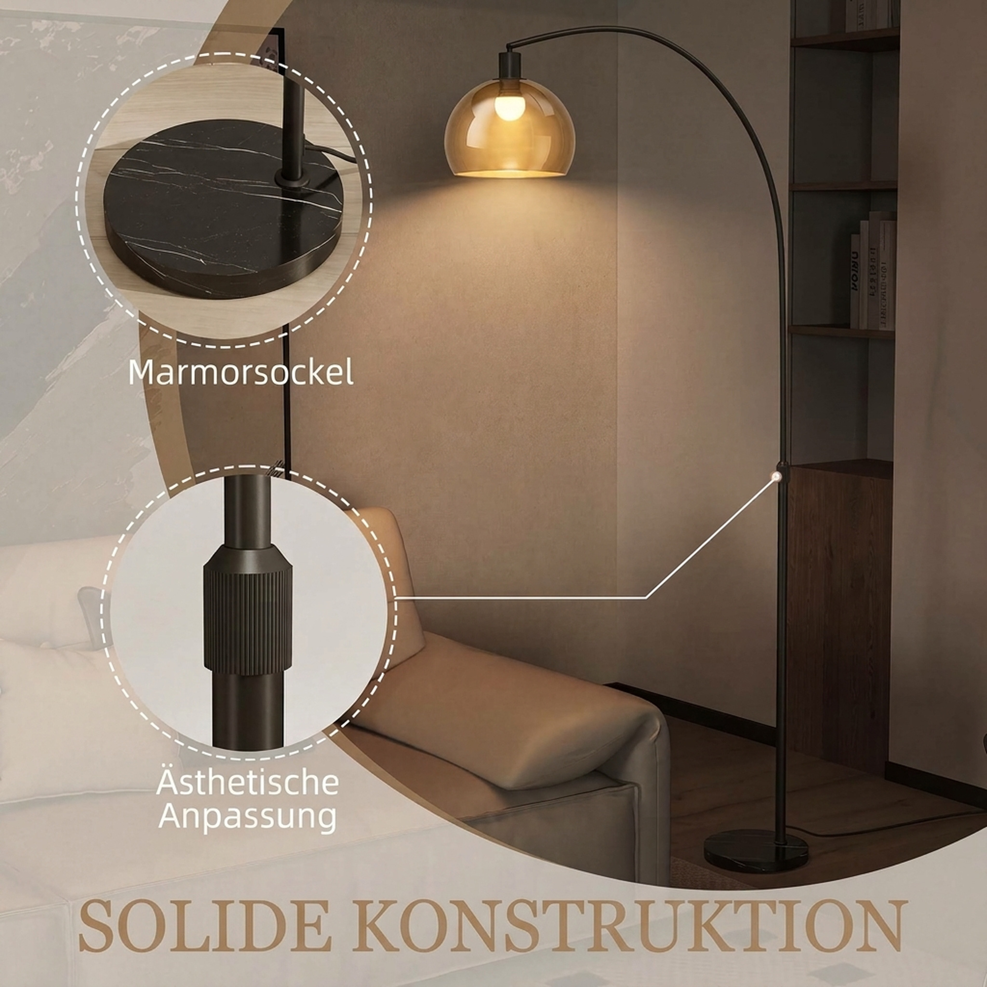 Stehlampe, gebogener Kopf, Fußschalter, Marmorsockel, Kunststoffschirm, Grau