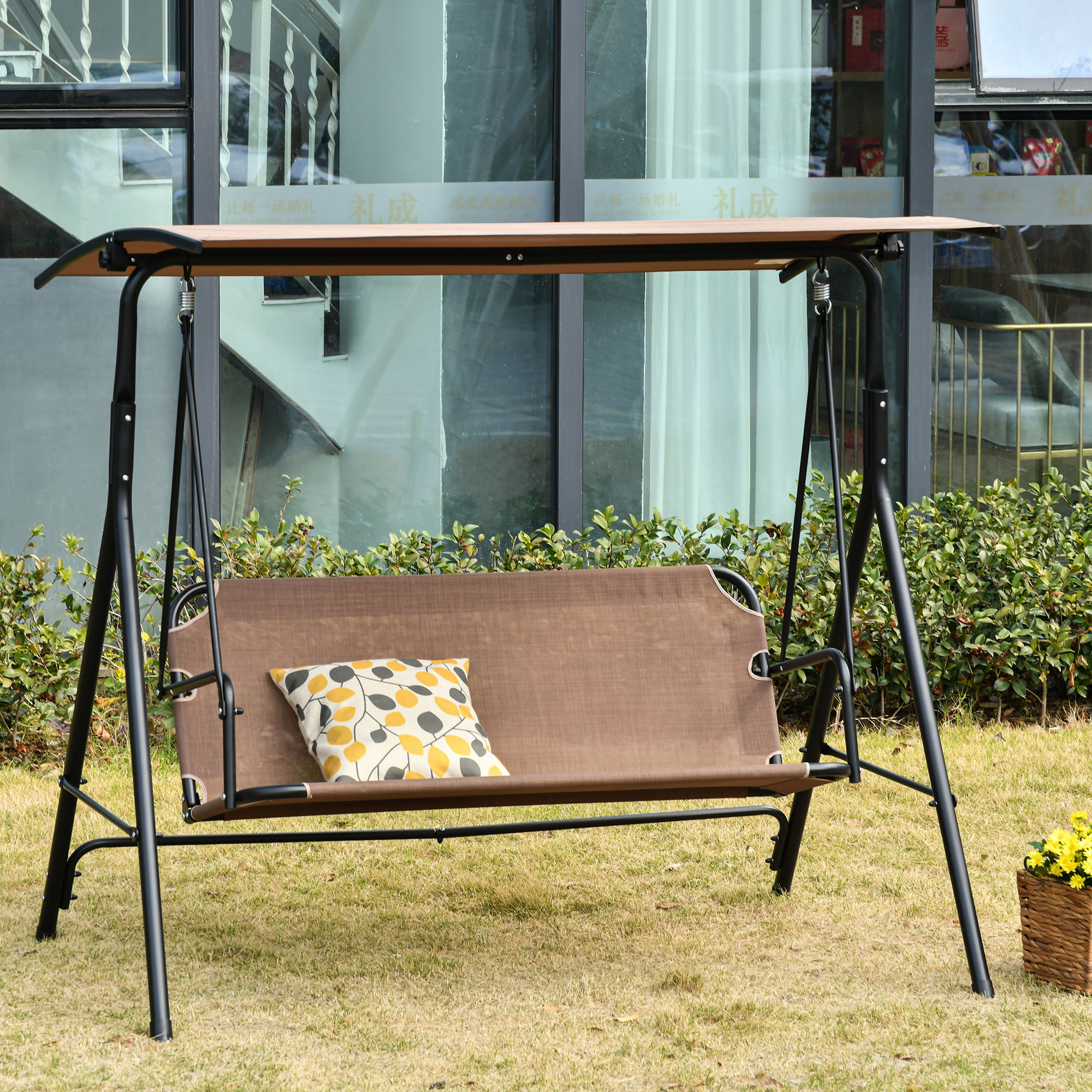 2-Sitzer Hollywoodschaukel Outdoor Gartenliege UV-beständig Hochwertiges Metallrohr winkeleinstellbar Braun
