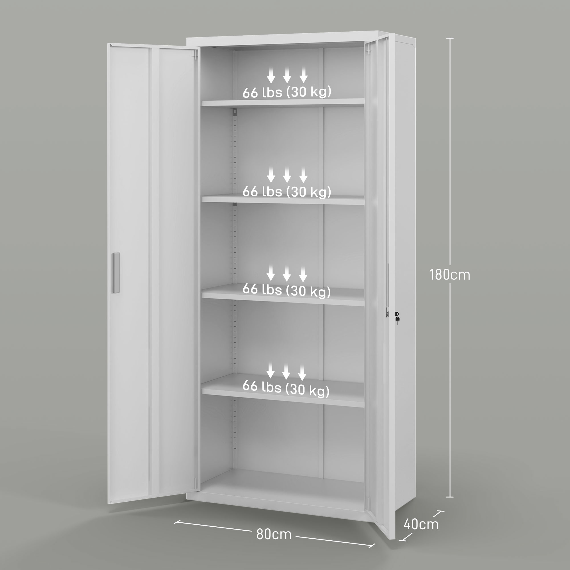 Aktenschrank, Büroschrank, 5 Regale, Metall, 80B x 40T x 180H cm, Weiß