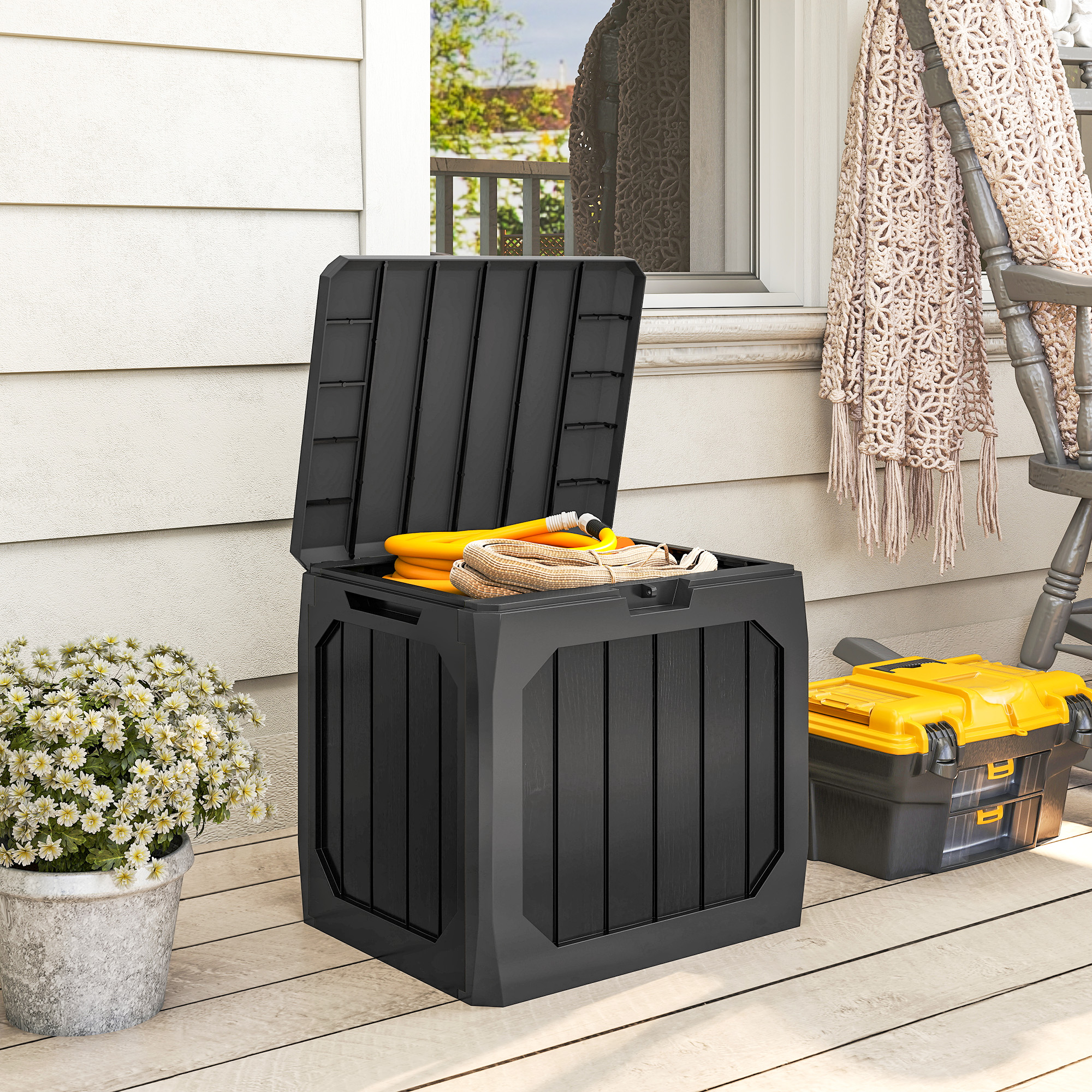 121L Kunststoff Garten-Aufbewahrungsbox, Outdoor-Aufbewahrungsbox mit Griffen, Schwarz