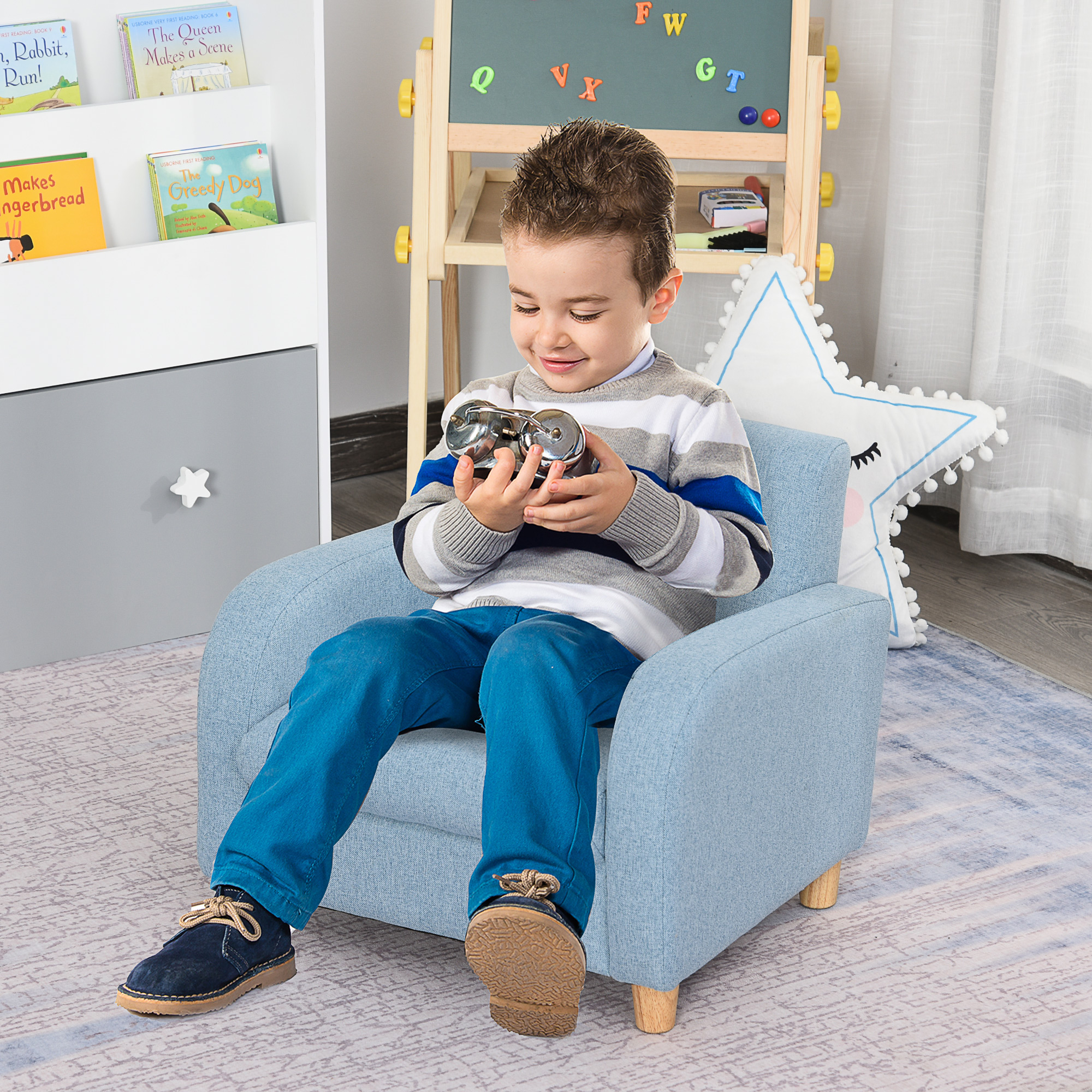 Kindersessel Kindersofa mit Leinen-Optik, massiven Holzfüßen Sessel aus Schaumstoff Kinderstuhl für Kinderzimmer, Spielzimmer, 49 x 45 x 44 cm, für Kinder 3-5 Jahre Blau