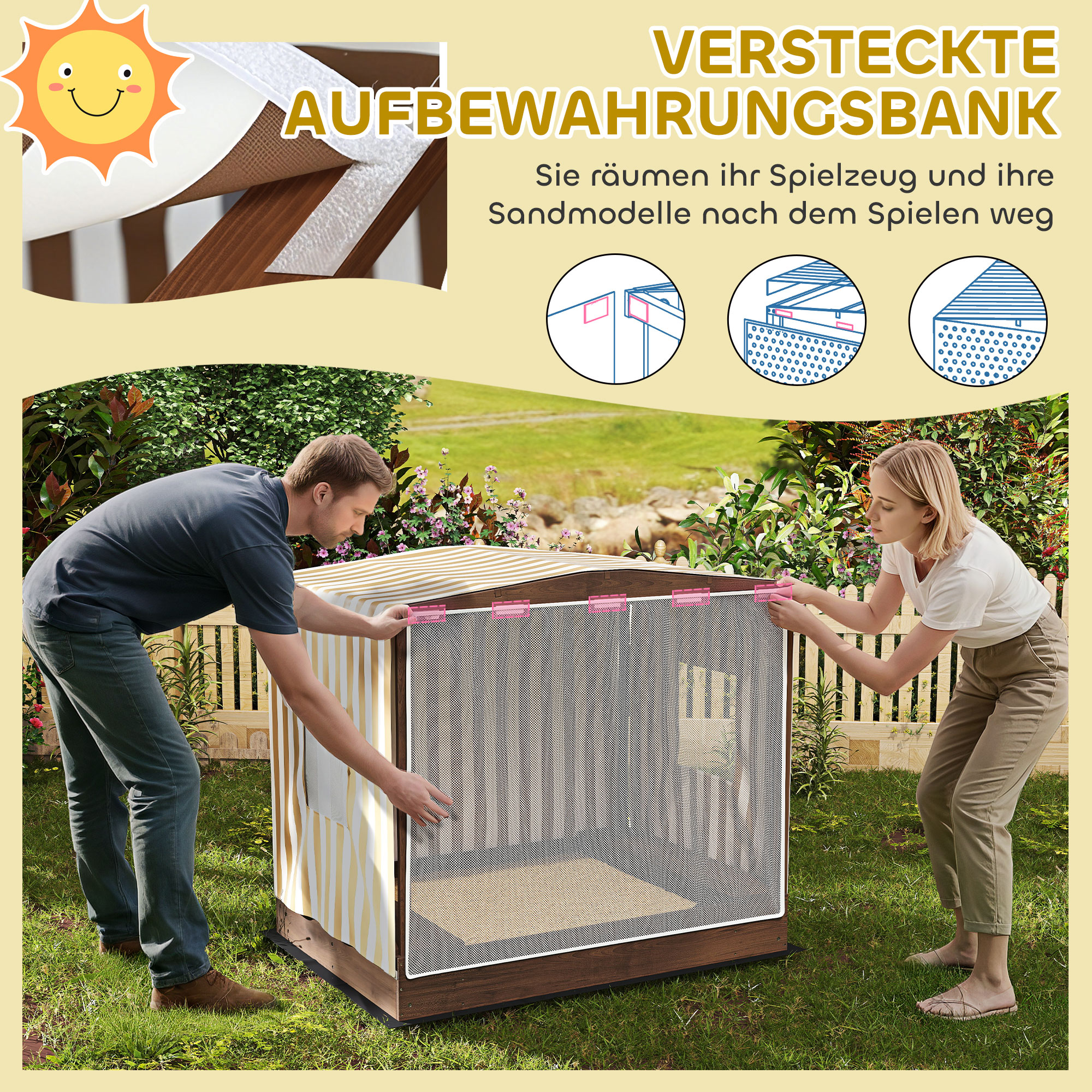 Sandkasten, Sandkiste mit Vordach und Netztür, Sitzbänke, Bodenschutz, Braun