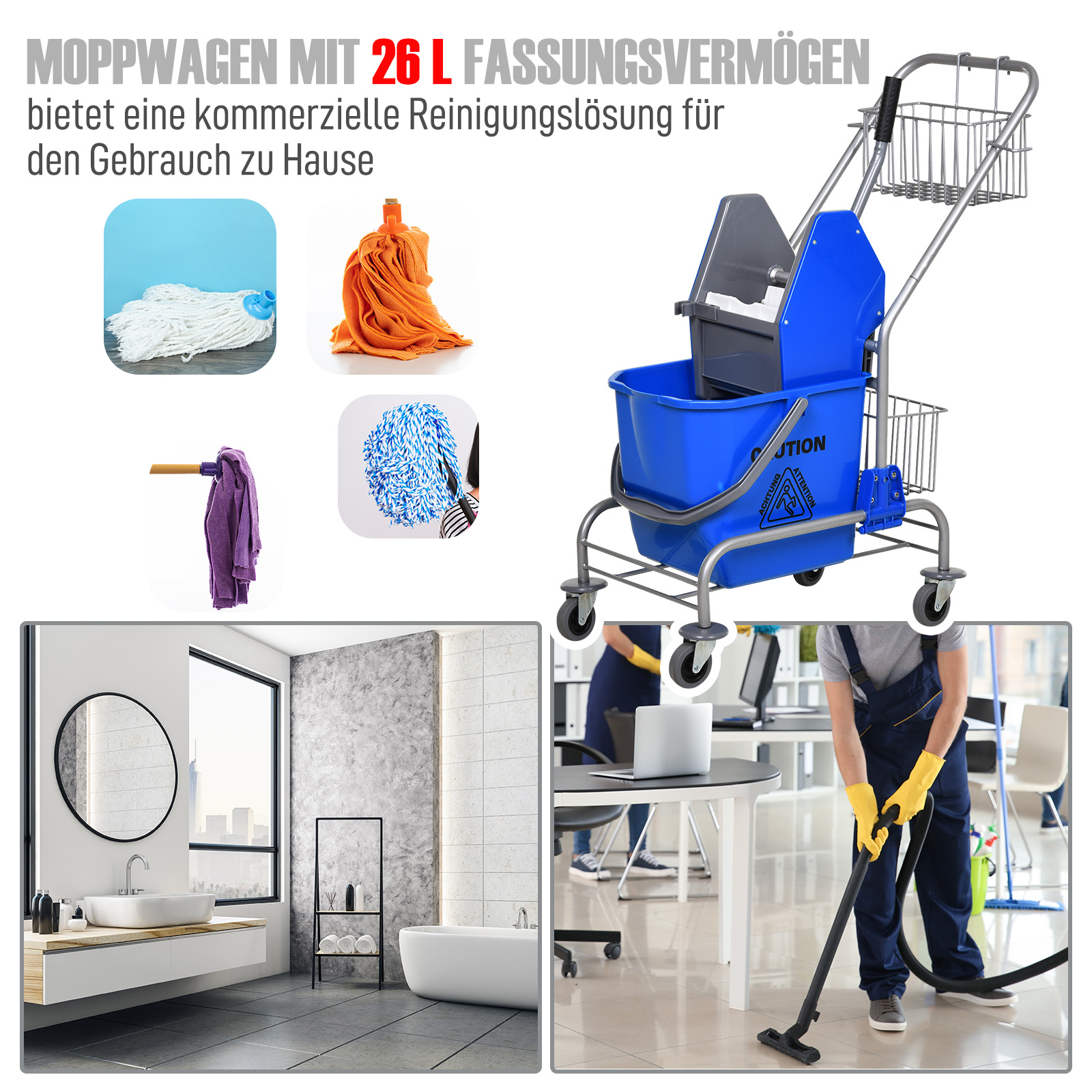 Reinigungseimer, Wischmoppeimer, rollbar, Kunststoff, Metallgriff, Blau