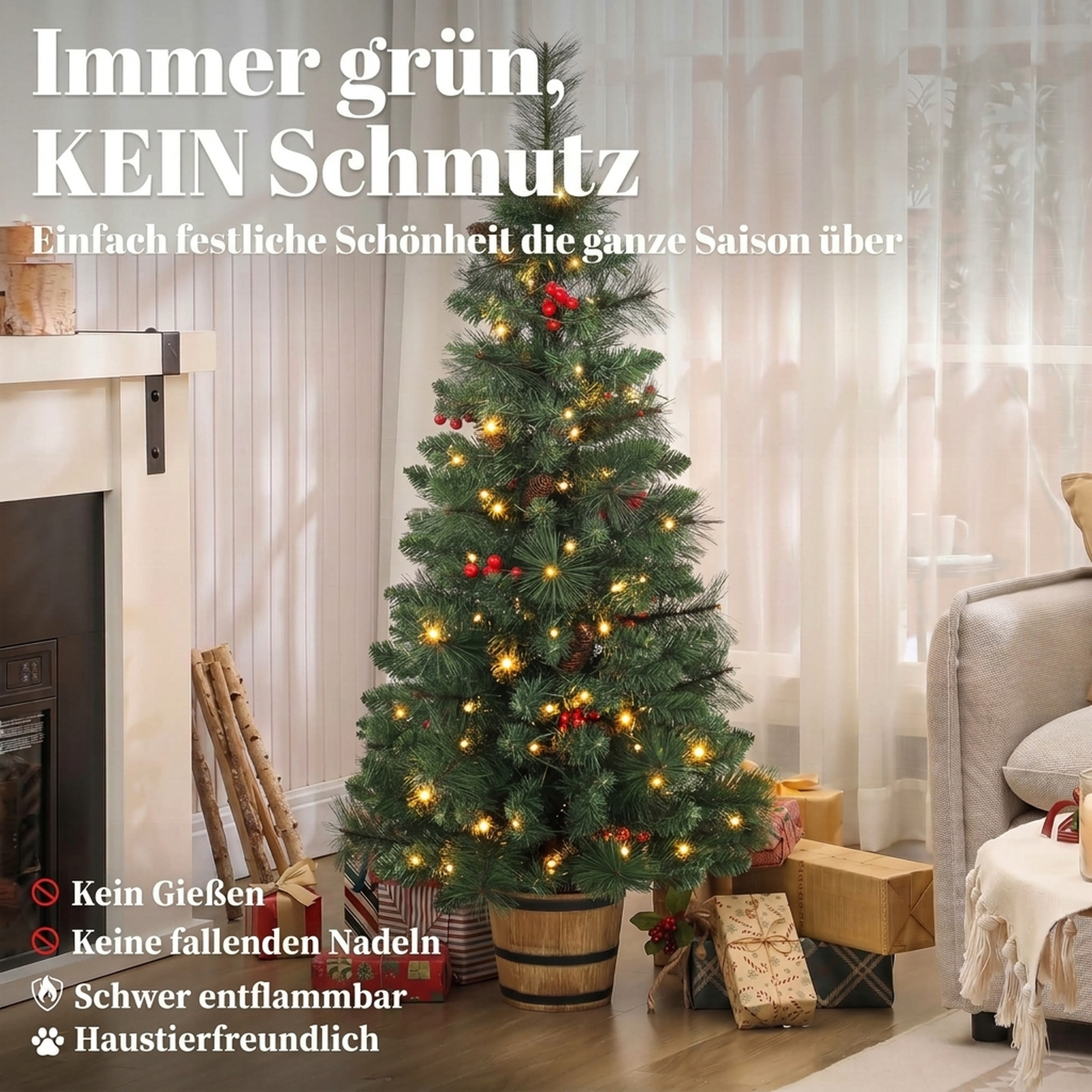 Künstlicher Weihnachtsbaum, 120 cm Christbaum mit 100 LED-Beleuchtung 131 Spitzen Beeren, 2 Lichtfarben, Fernbedienung