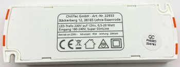 LED-Trafo "CT-SL20" SlimLine 0,5-20W, Ein 180-264V, Aus 12V= Konstantspannung