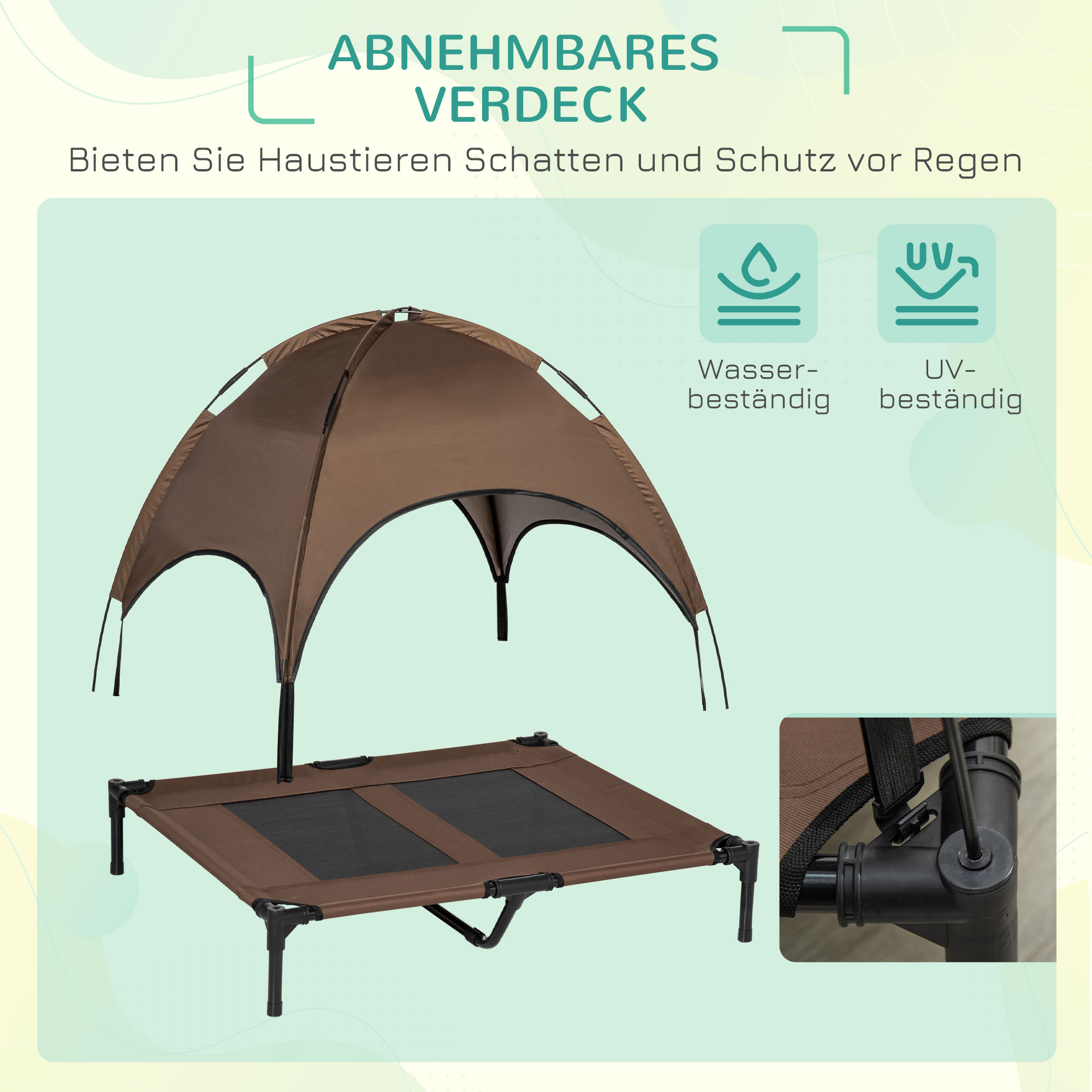 erhöhtes Hundebett mit Baldachin, Haustierbett, Hundeliege outdoor mit Dach, Atmungsaktiv, Taftstoff für Camping Kaffee 92 x 76 x 90 cm