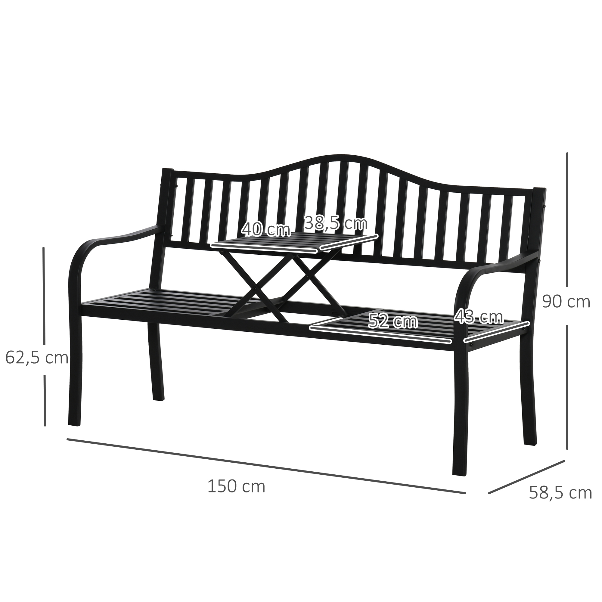 2-Sitzer Gartenbank robust Parkbank mit ausziehbarem Tisch Sitzbank Bank 240kg belastbar Terrassenbank mit Rücken- & Armlehnen Gartenmöbel für Terrasse, Garten 150 x 58,5 x 90 cm Schwarz