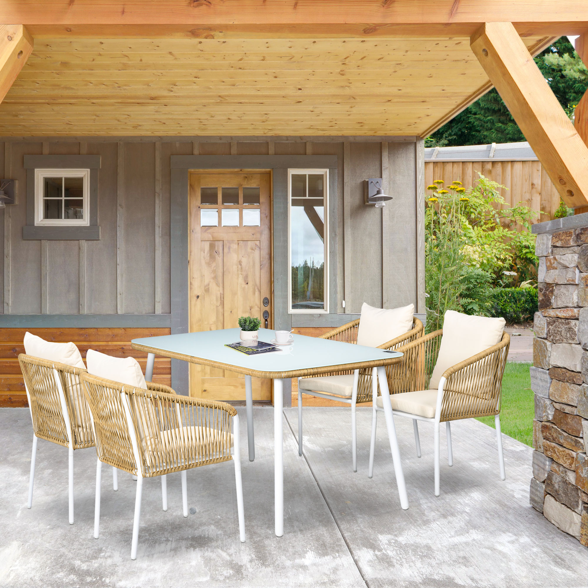 Gartengarnitur, 5-teilig, Rattanoptik, Sitz- & Rückenkissen, rostfreier Alu-Rahmen, Gelb/Weiß/Beige