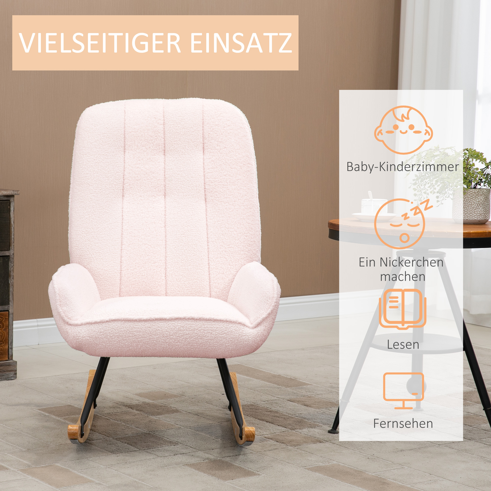Schaukelstuhl mit Fleece-Bezug, Steppmuster, Kufen aus Kautschukbaumholz, bis 150 kg, Rosa