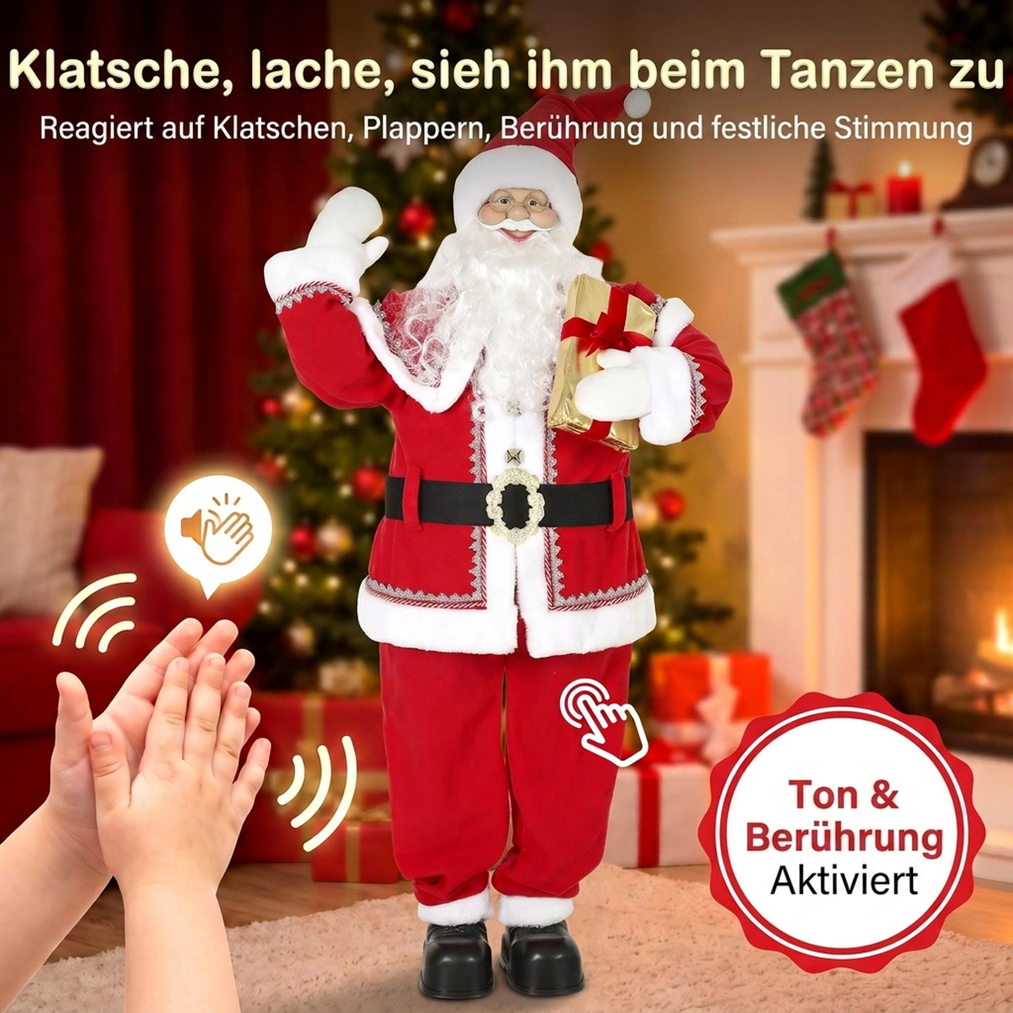 Lebensgroßer singender Weihnachtsmann 150 cm, animierte Musikfigur mit drehendem Kopf, winkender Hand und Geschenk