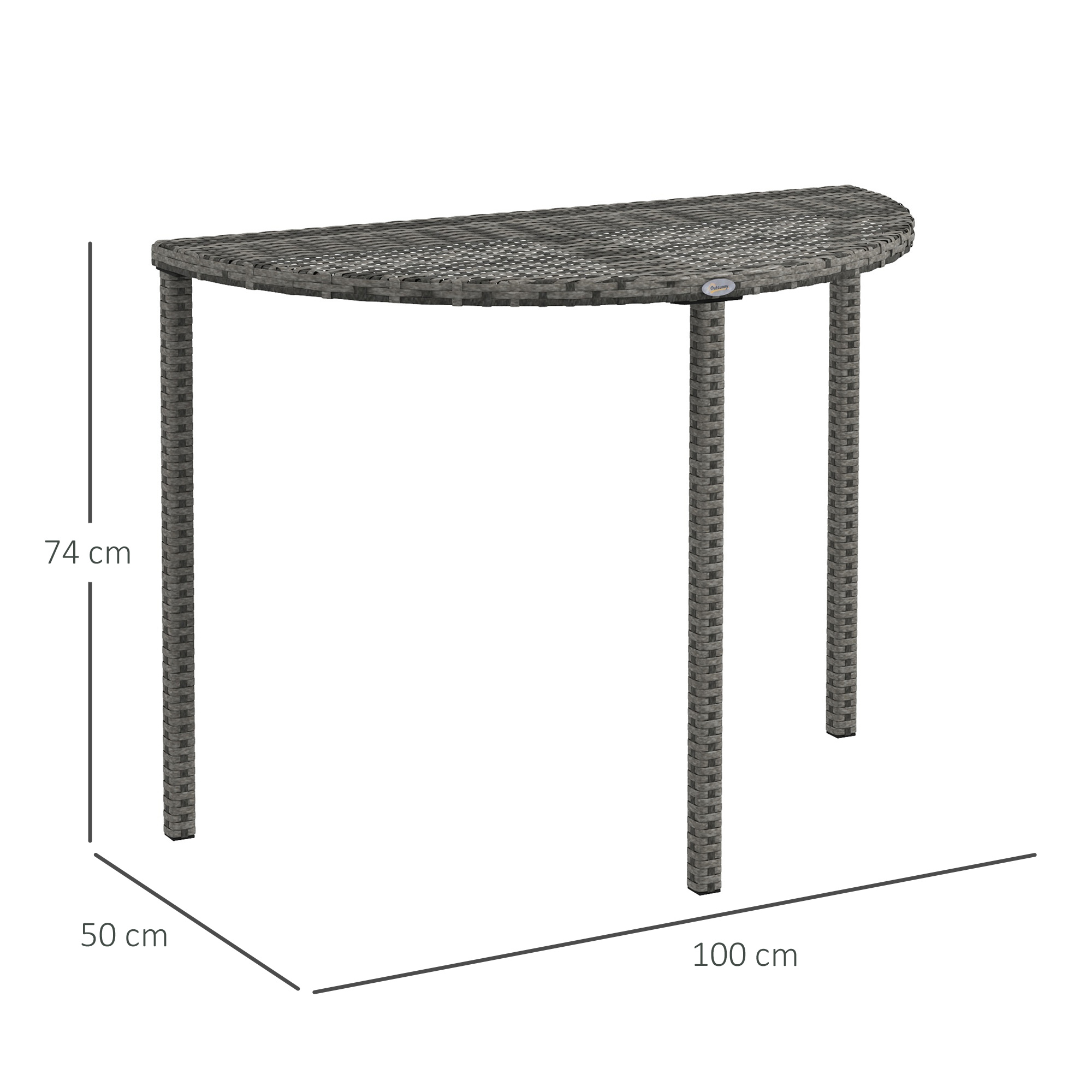 Balkontisch, halbrund, Polyrattan+Metall, 100x50x74 cm, Grau