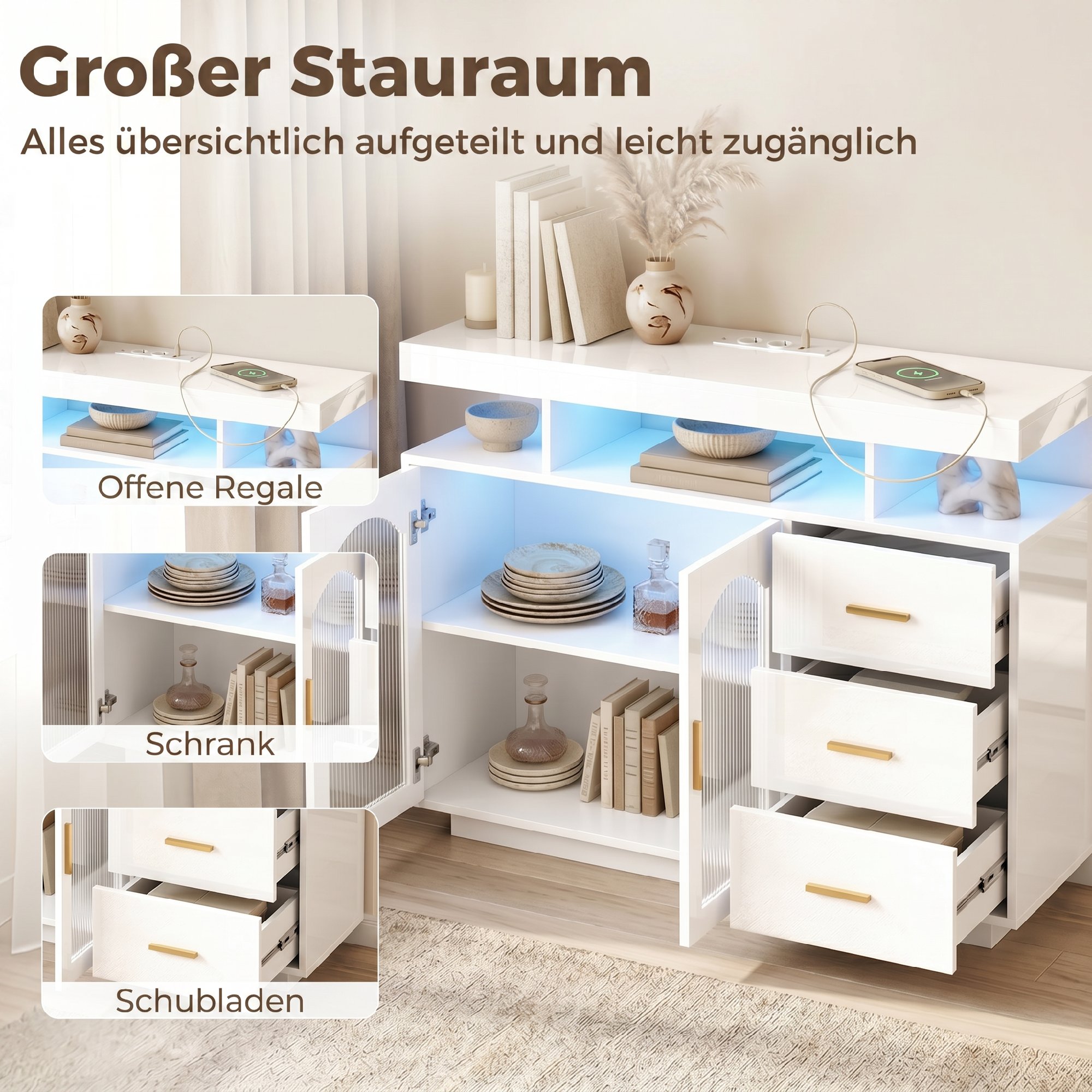 Sideboard mit LED-Beleuchtung, eingebauten Steckdosen, 3 Schubladen, Regalen und 2 Acryl-Türen, Hochglanz Weiß