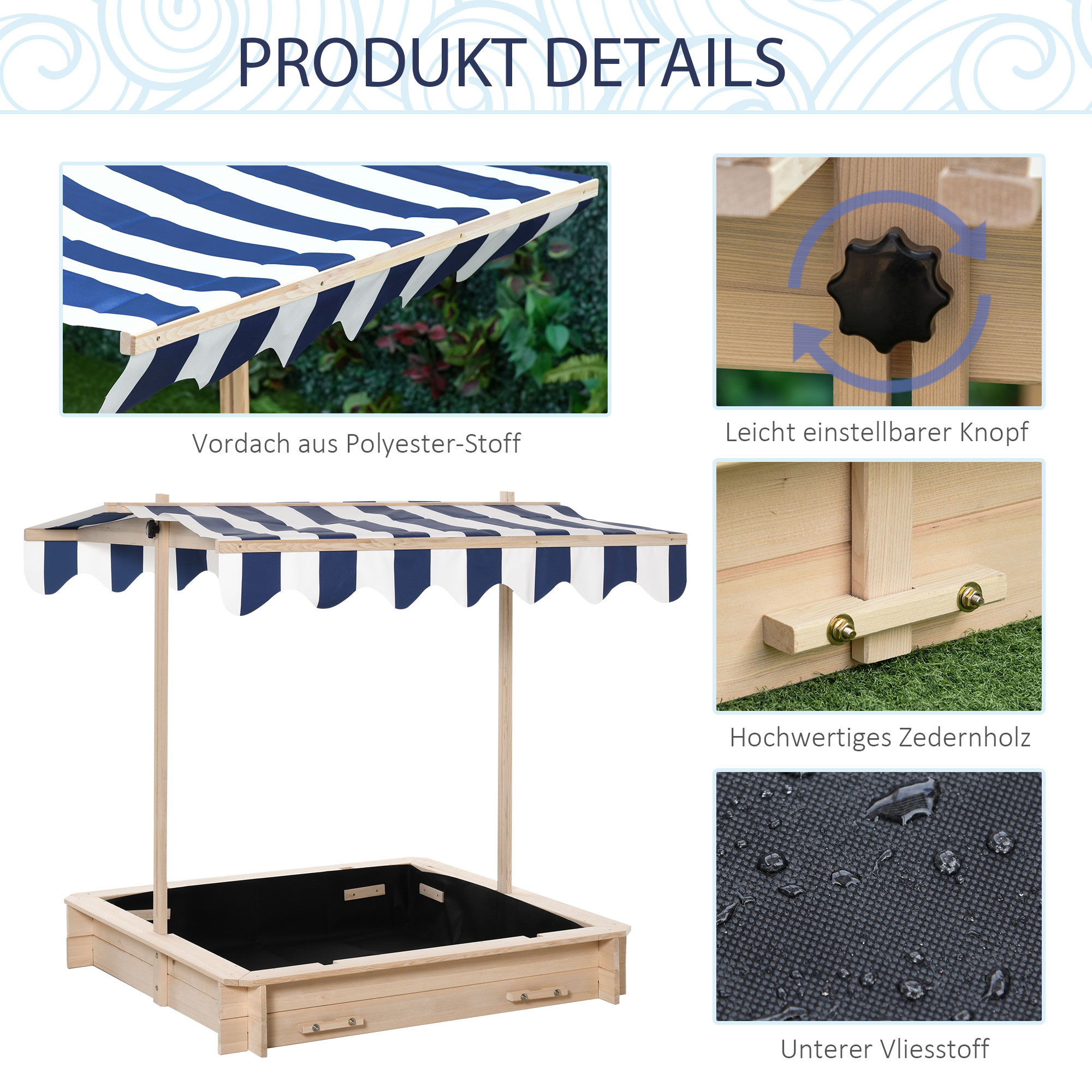 Sandkasten 106x106 cm Kinder Sandbox mit höhenverstellbar Abdeckung, Sandkiste aus Holz mit Sitzbänken Rücklehnen für Outdoor Garten Terrasse Balkon