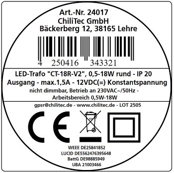 LED-Trafo "CT-18E", 0,5-18W, rund, Ein 220-240V, Aus 12V= Konstantspannung