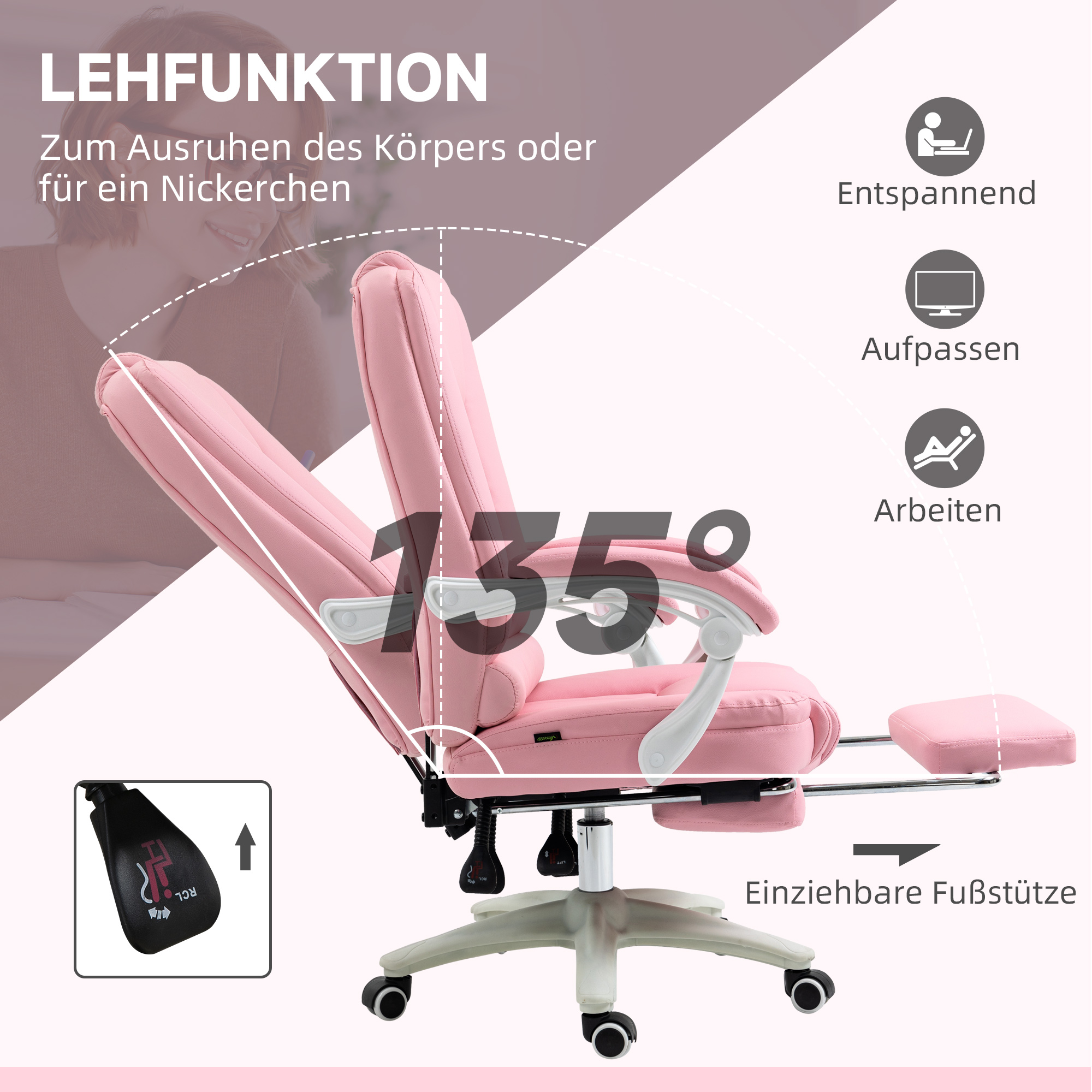 Bürostuhl mit Fußstütze, verstellbare Rückenlehne, höhenverstellbar, 5 Rollen, Rosa + Weiß
