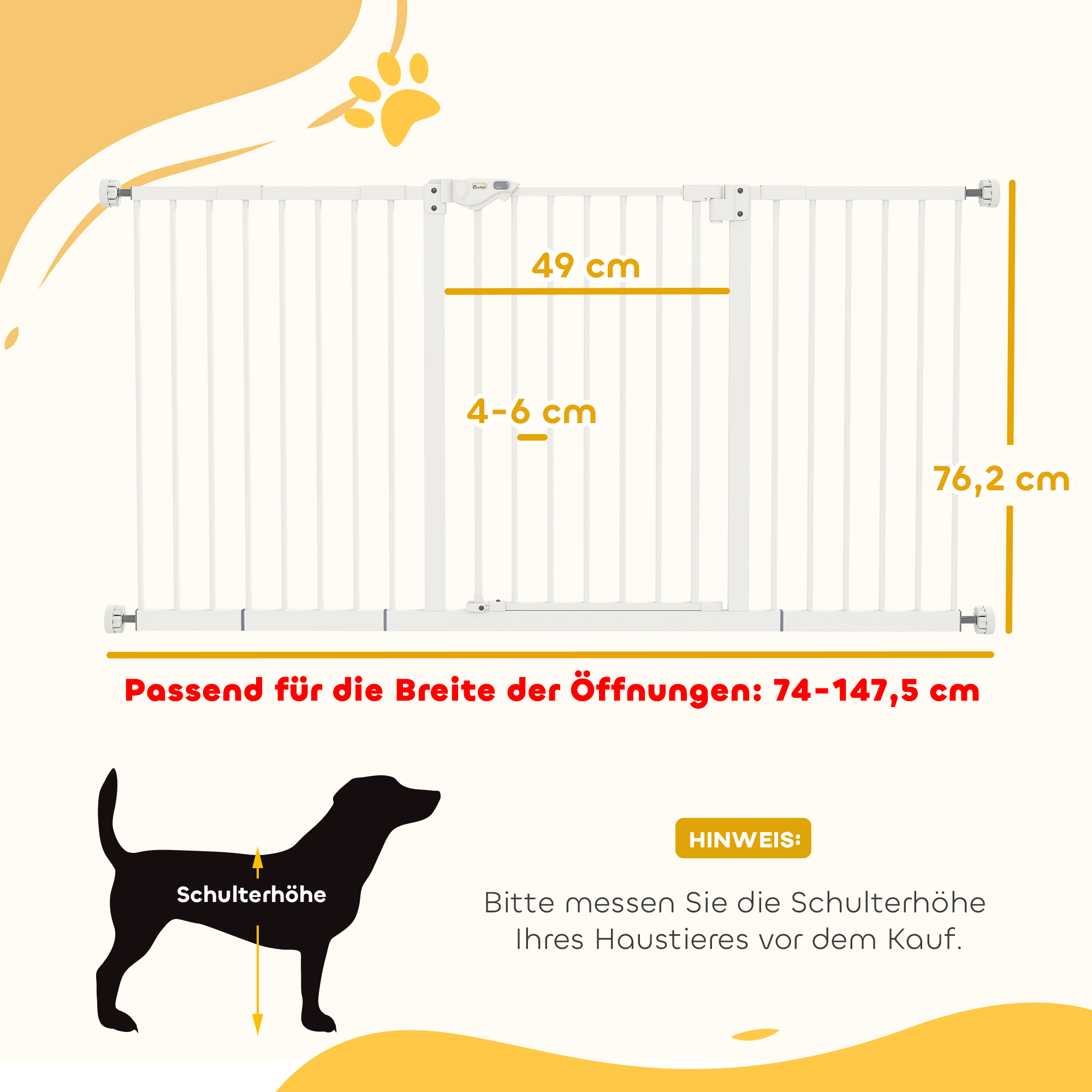 Hunde-Absperrgitter, erweiterbar, Klemmmontage, Metall, 136x76cm, Weiß