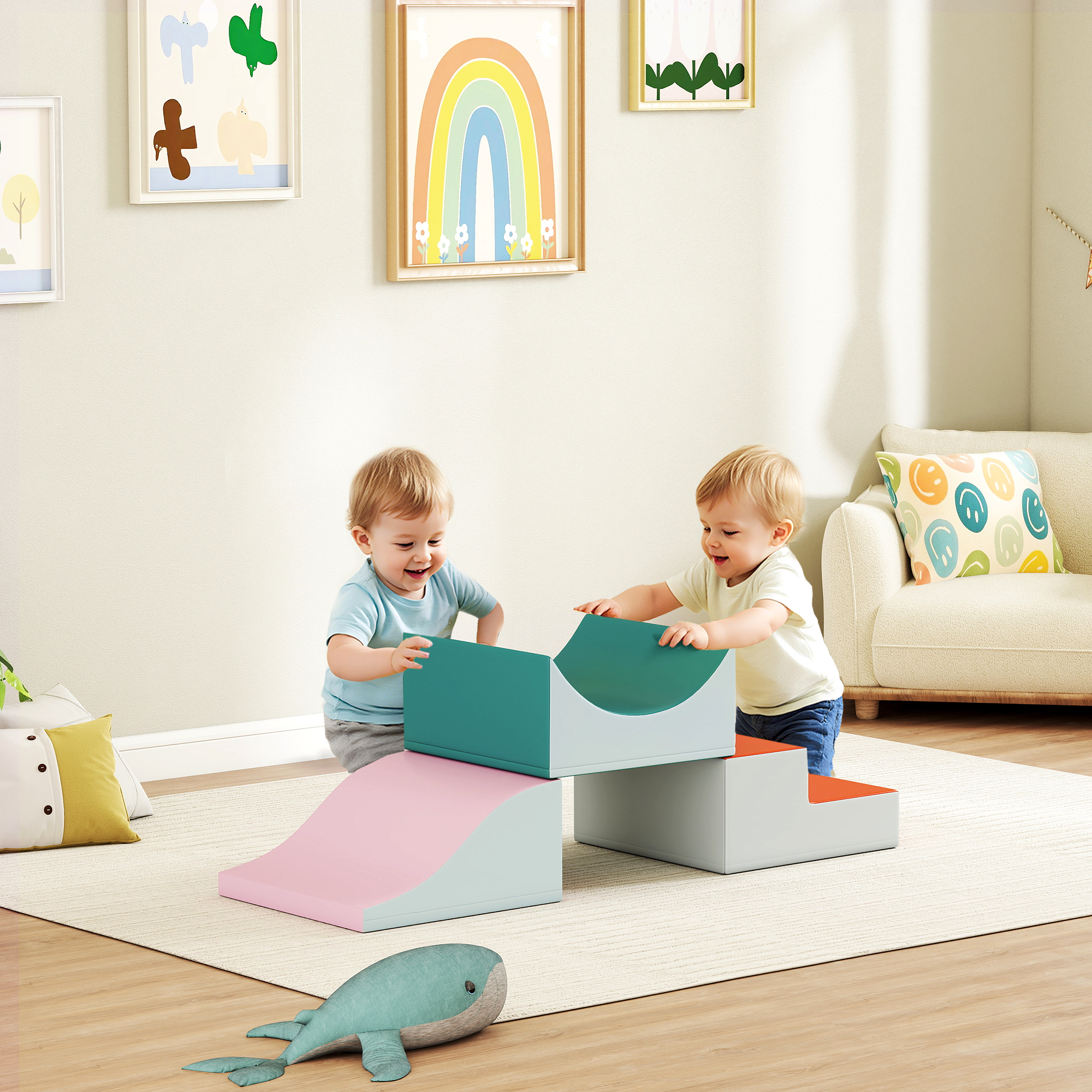 3-teiliges Kletter- und Krabbelset für Kleinkinder, Kunstleder, Schaumstoff, Hellgrau