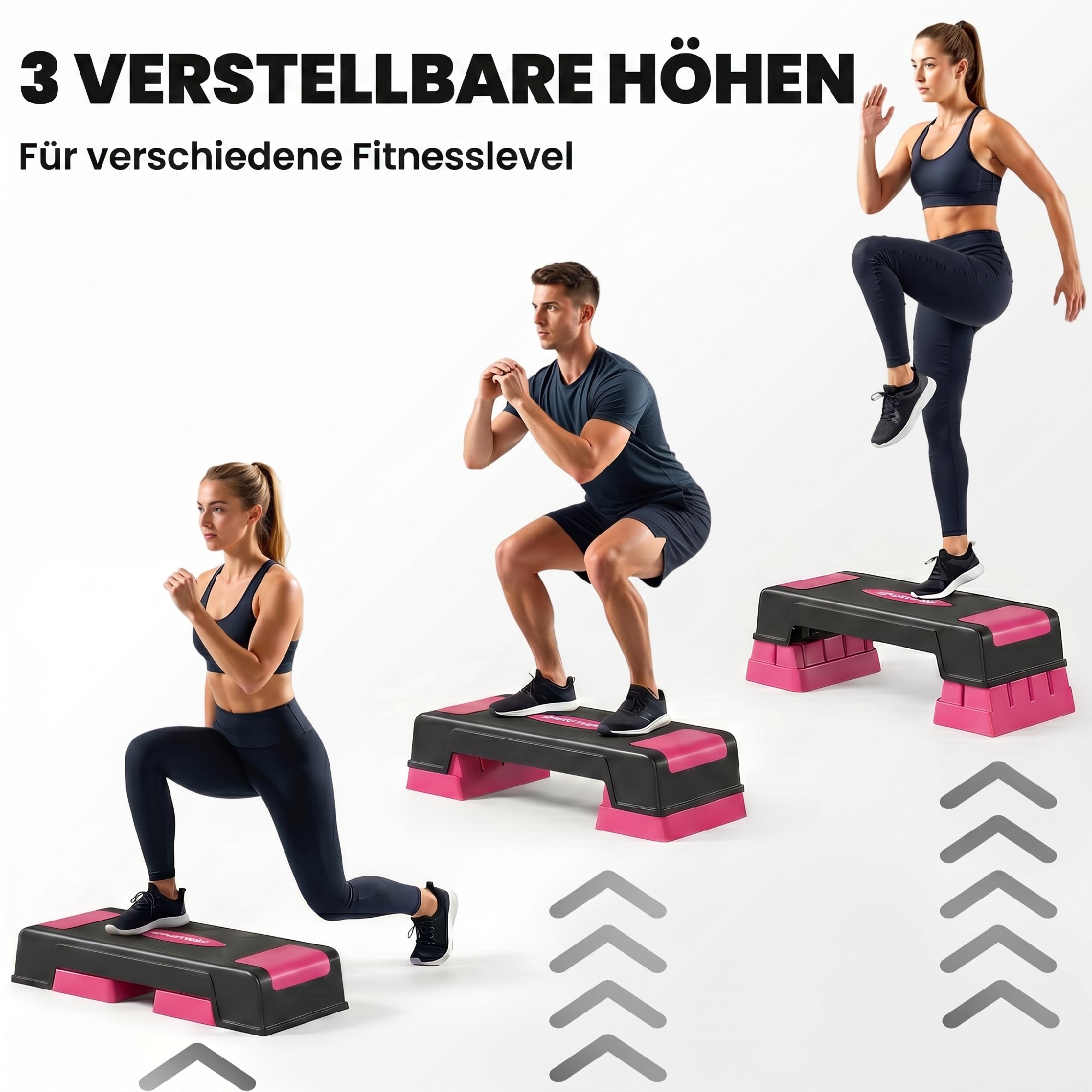 Steppbrett höhenverstellbar Fitness Aerobic Stepper mit 3 Stufen (12/17,5/22,5 cm), Anti-Rutsch-Matte Schwarz+Rosa