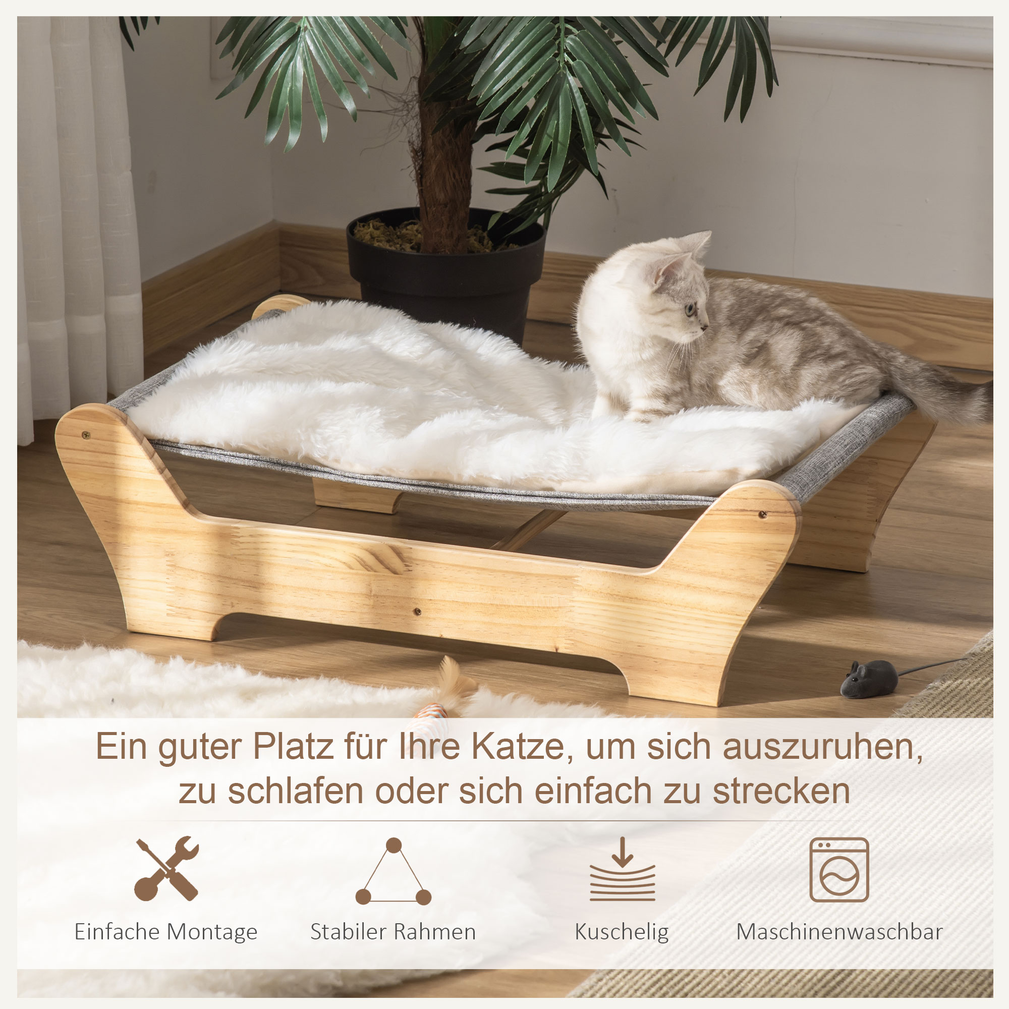 Katzenbett mit Gestell Hängematte für Katzen erhöhtes Katzennest mit weichem Kissen Kiefernholz Natur 68 x 43 x 20 cm
