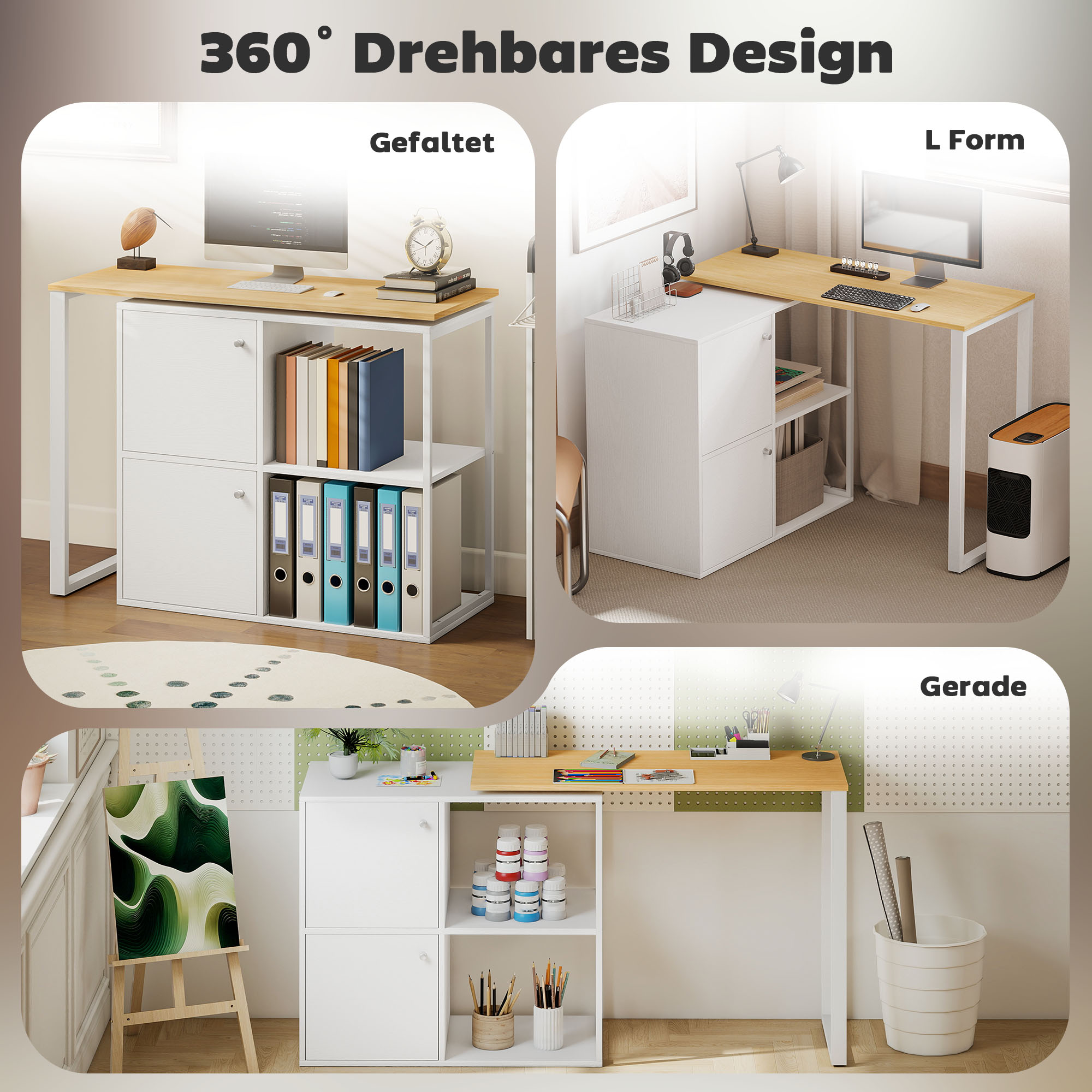 Schreibtisch L-förmig, 360° drehbarer Eckschreibtisch mit 2 Lagerschränken, 2 offenen Regalen, Computertisch für kleine Räume, Arbeitszimmer, Wohnzimmer, 150x40x75 cm, Weiß